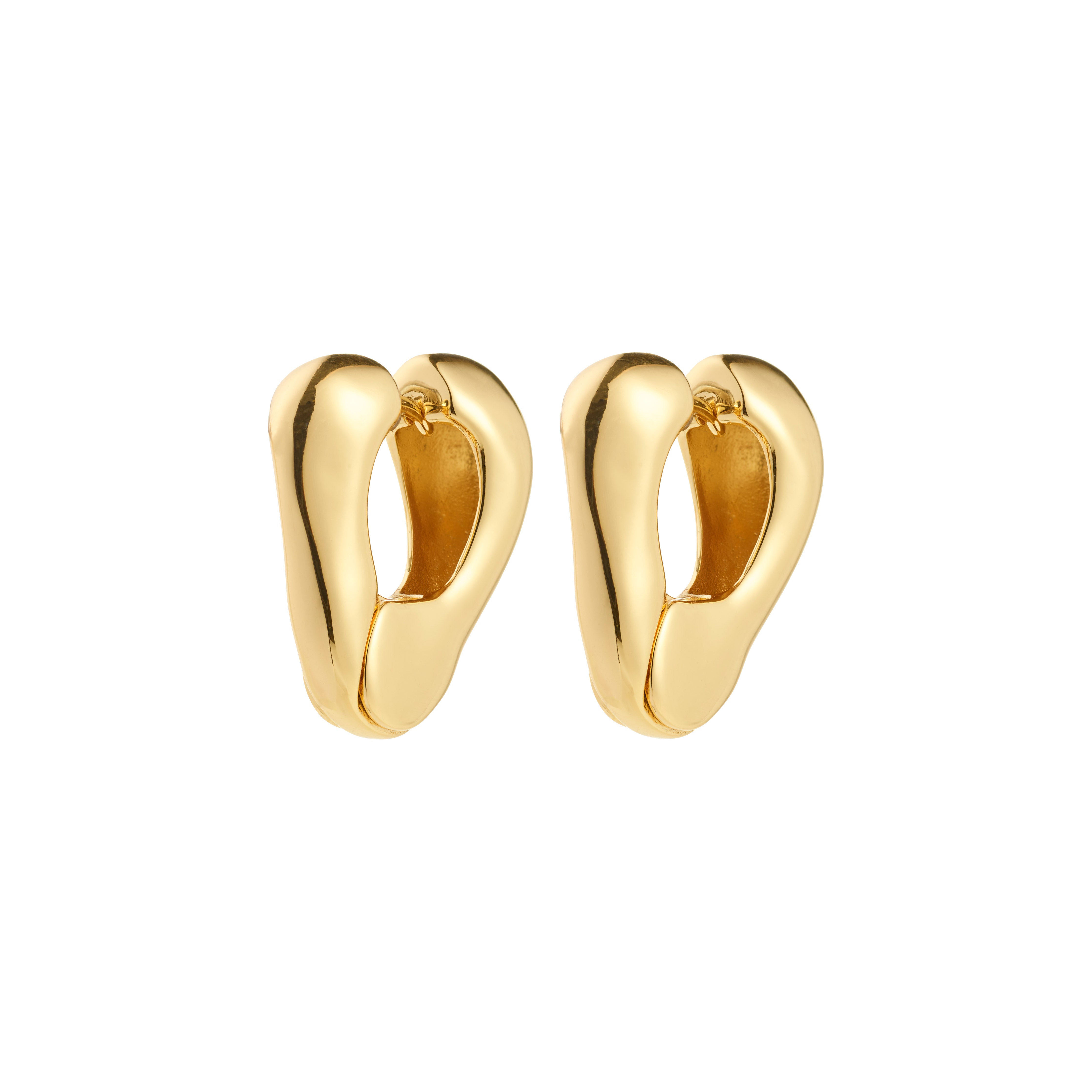 Gold-tone FREE earrings by Pilgrim, featuring organic, fluid loops with a shiny finish and easy click clasps, embodying nature-inspired elegance and sustainability.