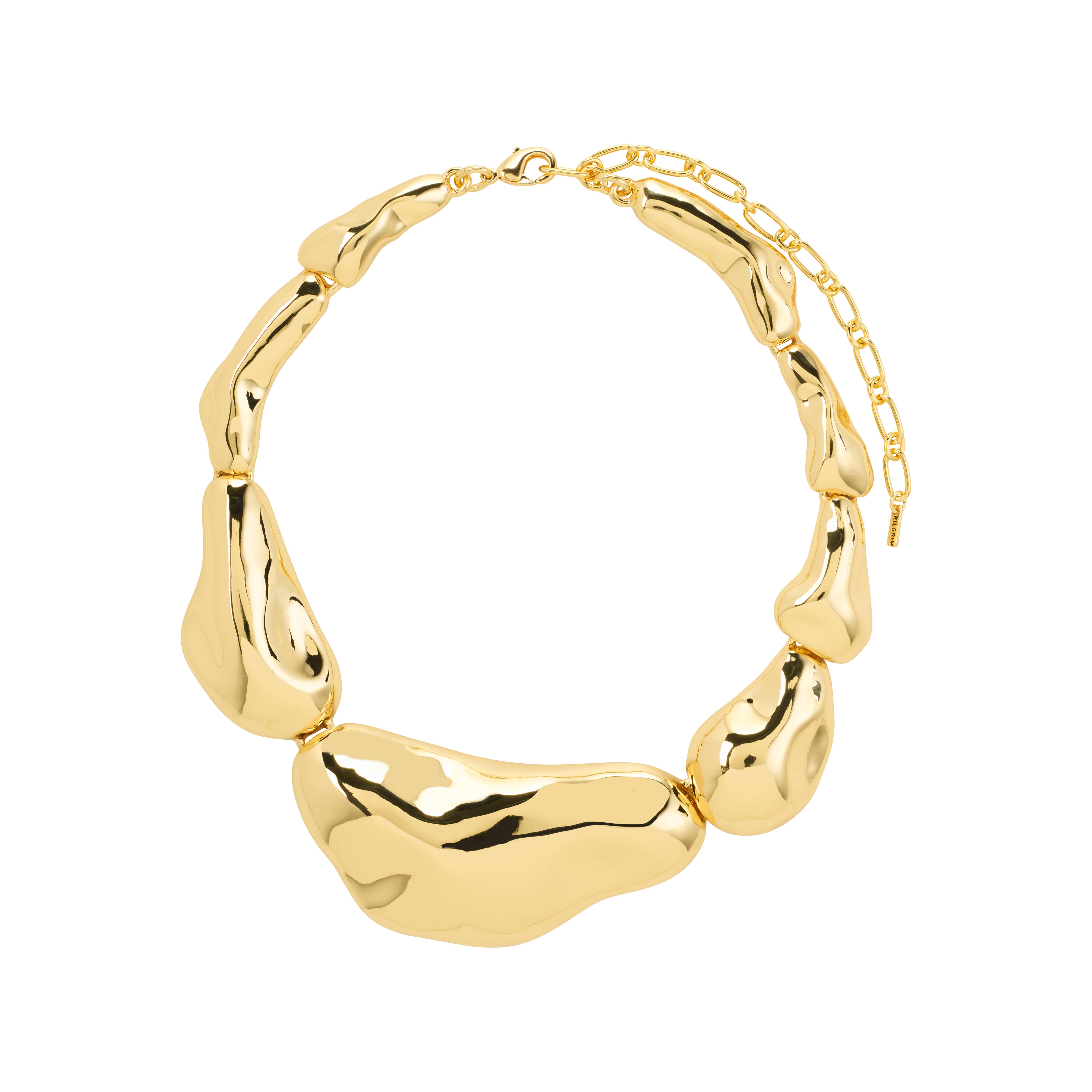 FREE statement necklace gold-plated with chunky, irregular pebble-like links and an adjustable chain, showcasing a molten gold design, perfect for standout style moments.