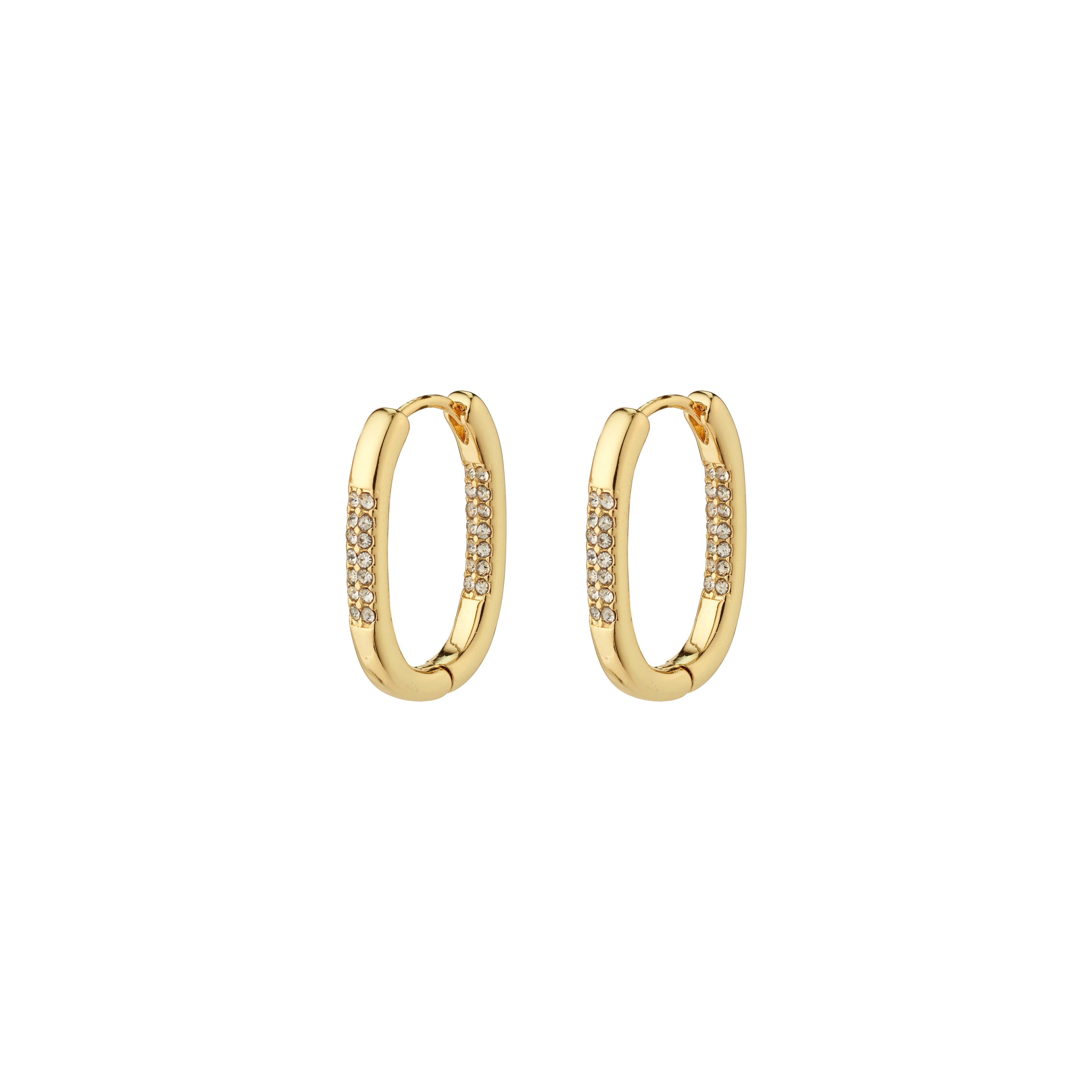 Gold-plated STAR hoops from Pilgrim, featuring an elegant oval shape adorned with sparkling Preciosa crystals, ideal for adding sophistication to any outfit.