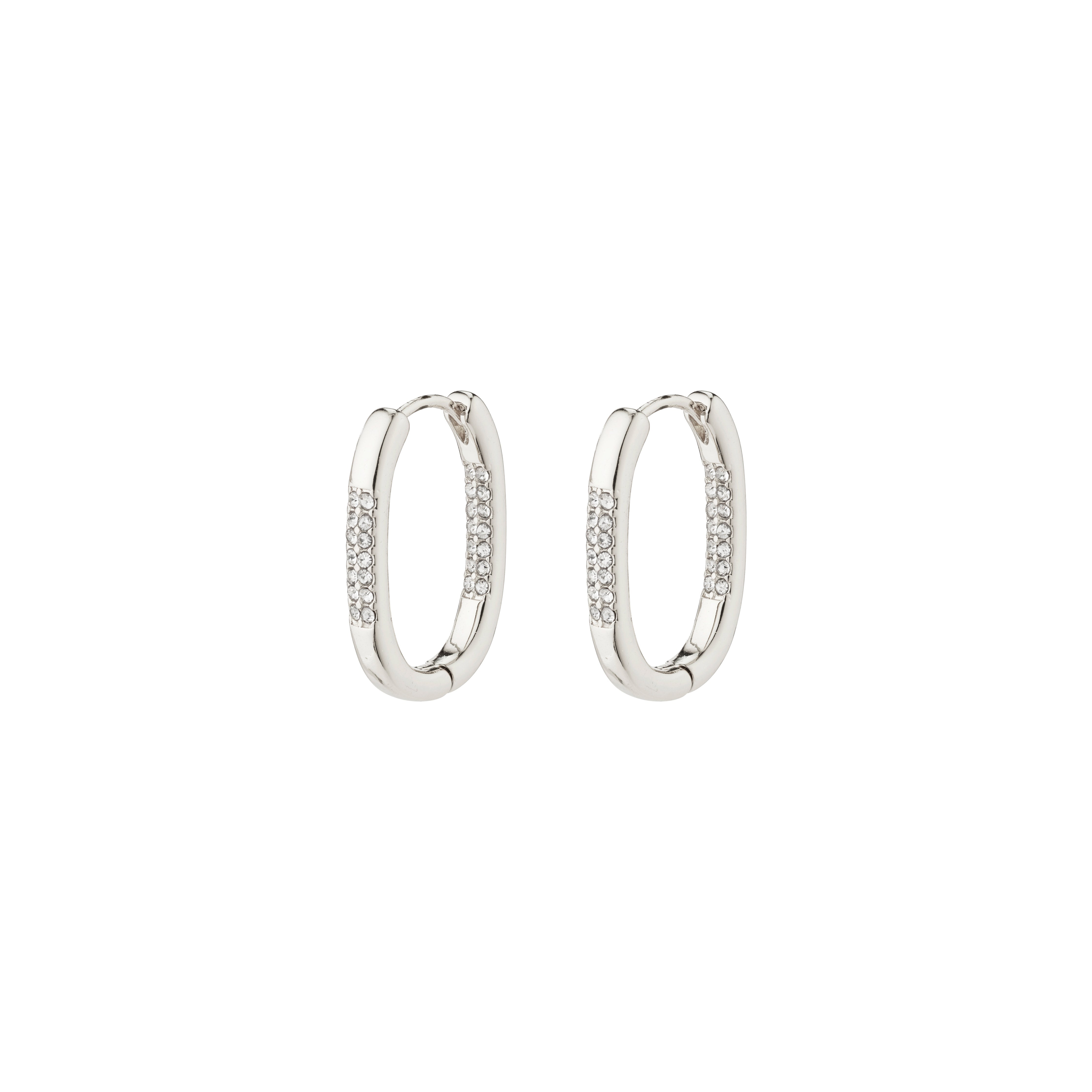 Silver-plated STAR hoops with Preciosa crystals from Pilgrim, featuring a shiny finish and easy-to-use click clasp, crafted from 96% recycled materials.