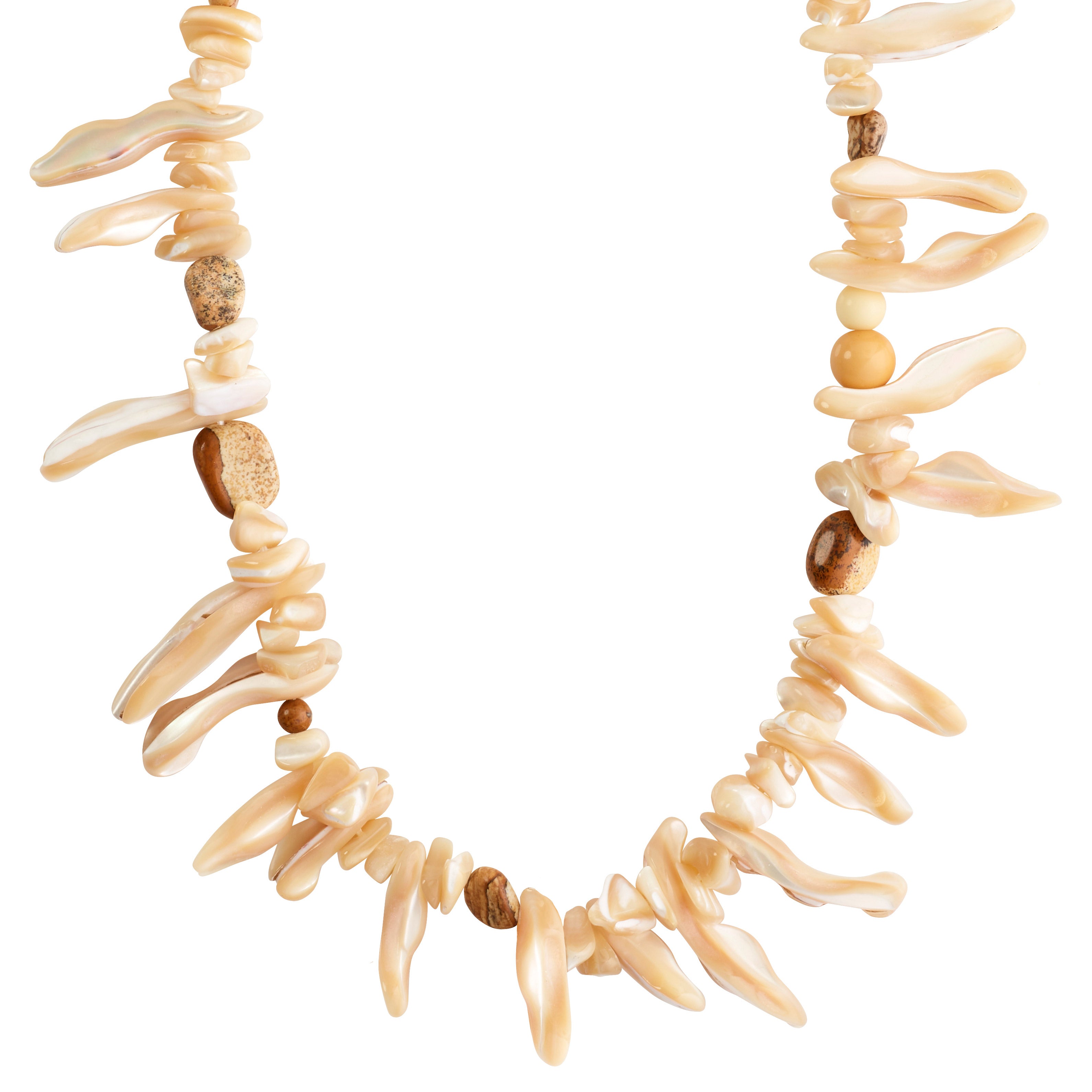 LIGHT seashell necklace features irregular mother-of-pearl chips with accent beads, offering a bohemian lux feel and customizable length with a gold-plated extension chain.