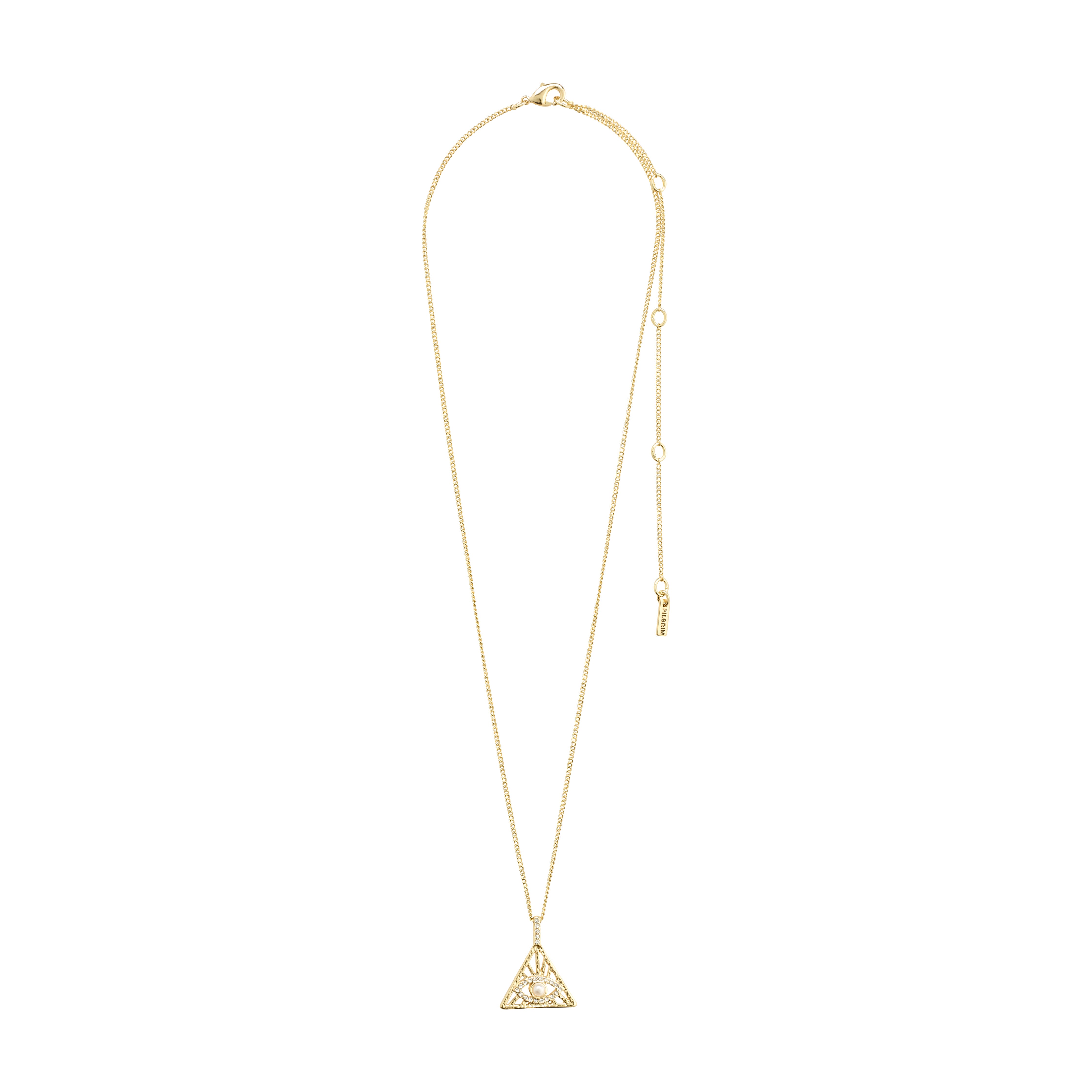 FOCUS necklace gold-plated with a triangular pendant featuring sparkling Preciosa crystals, adjustable chain, symbolizing the all-seeing eye for a luxurious bohemian style.