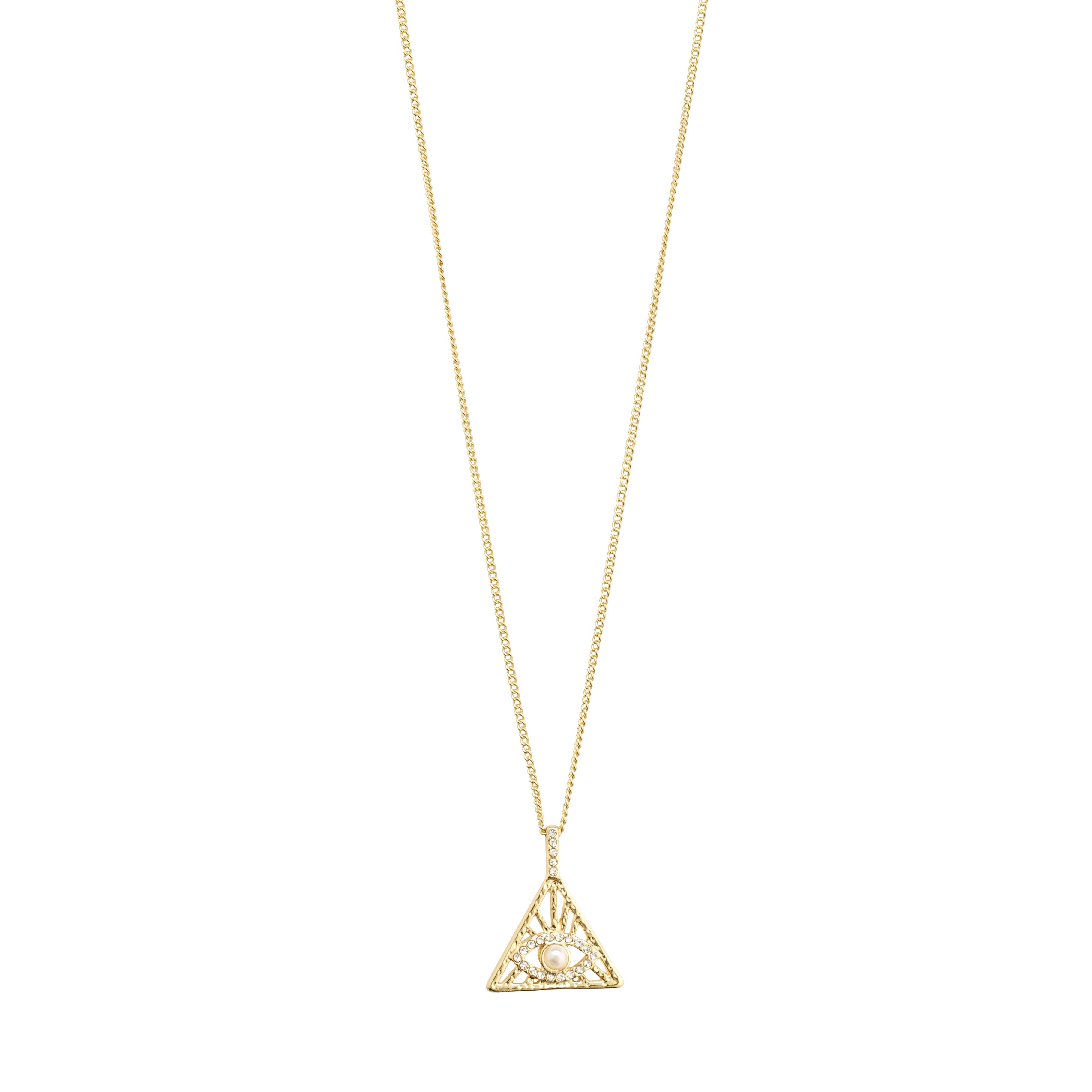 FOCUS necklace gold-plated with a triangular pendant featuring sparkling Preciosa crystals, adjustable chain, symbolizing focus and style. Made from 94% recycled material.