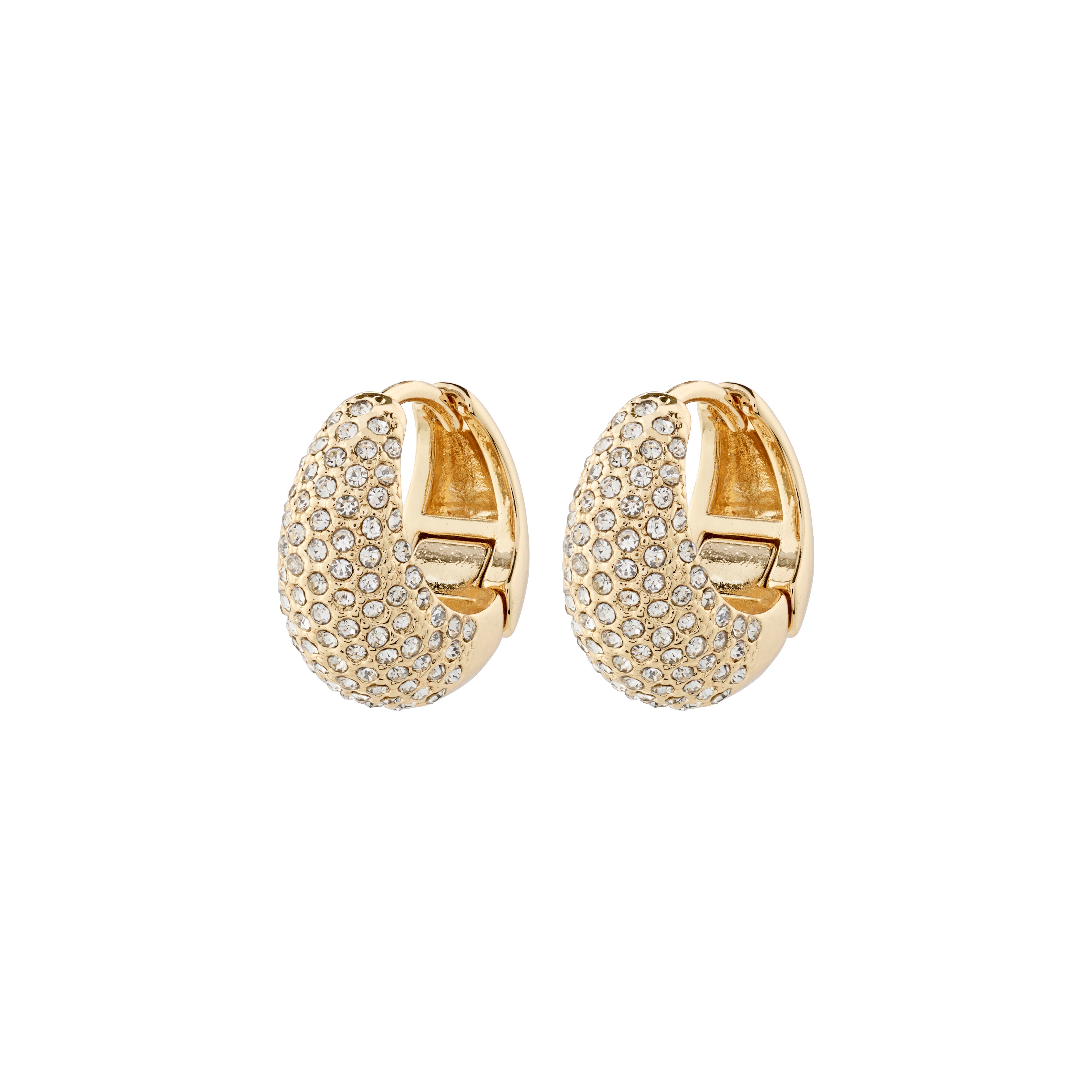 FOCUS gold-plated earrings with Preciosa crystals from Pilgrim, featuring a chunky design and click clasp for easy wear, made from 94% recycled materials.