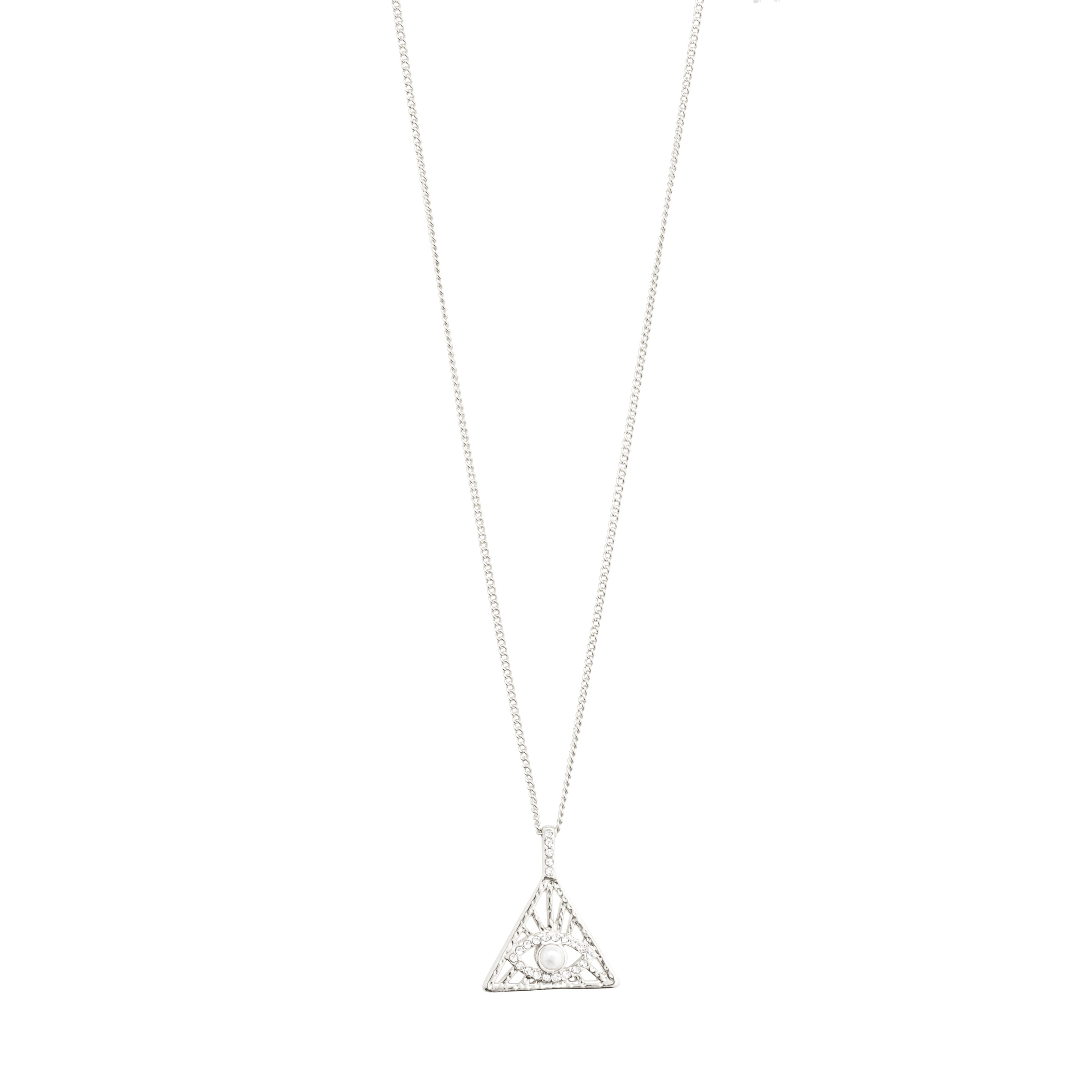 FOCUS necklace silver-plated with triangle pendant featuring Preciosa crystals, adjustable chain, and recycled material, embodying Pilgrim's blend of style and sustainability.