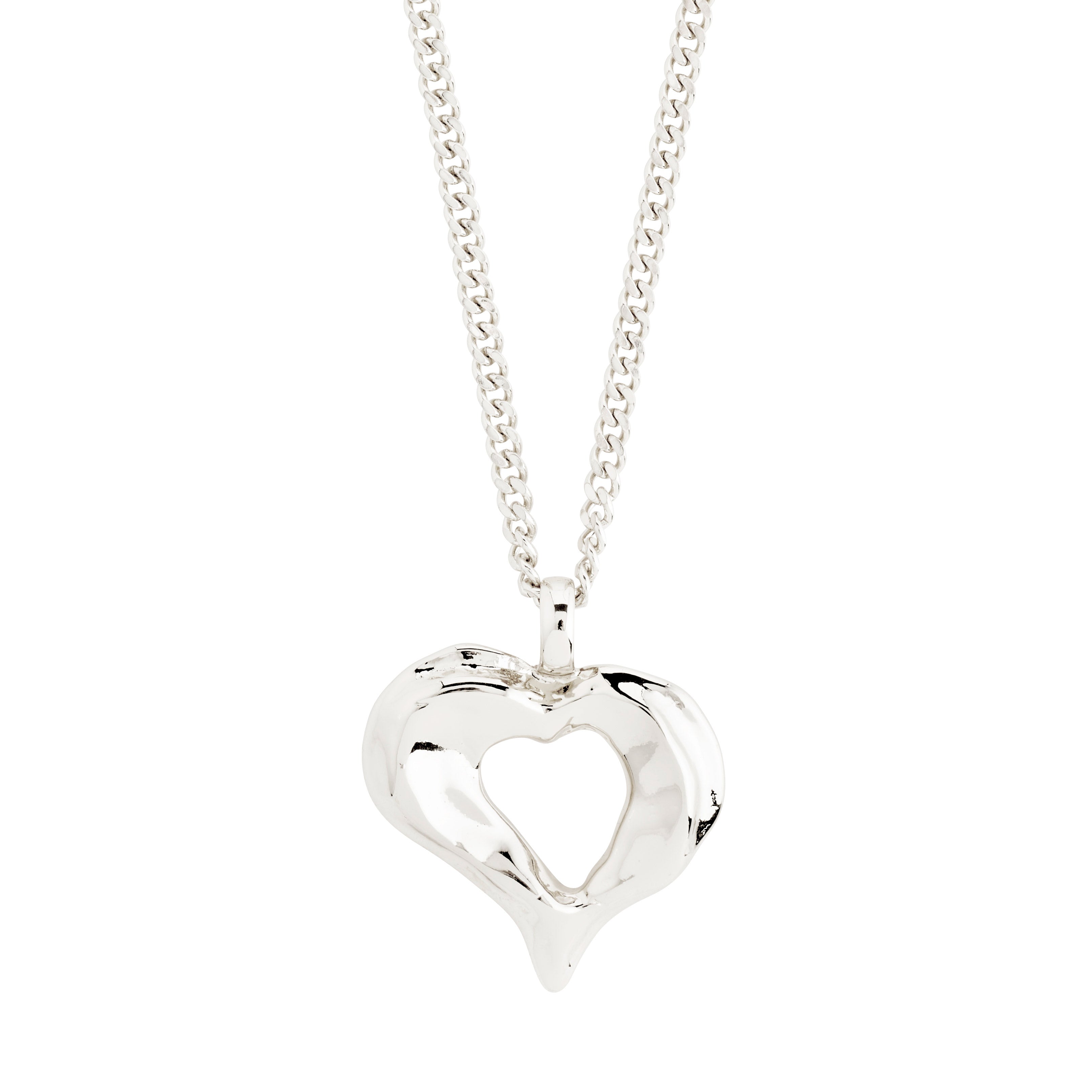 TIDE heart necklace silver-plated from Pilgrim, featuring a chunky heart pendant with a hole in the center on a bold curb chain.