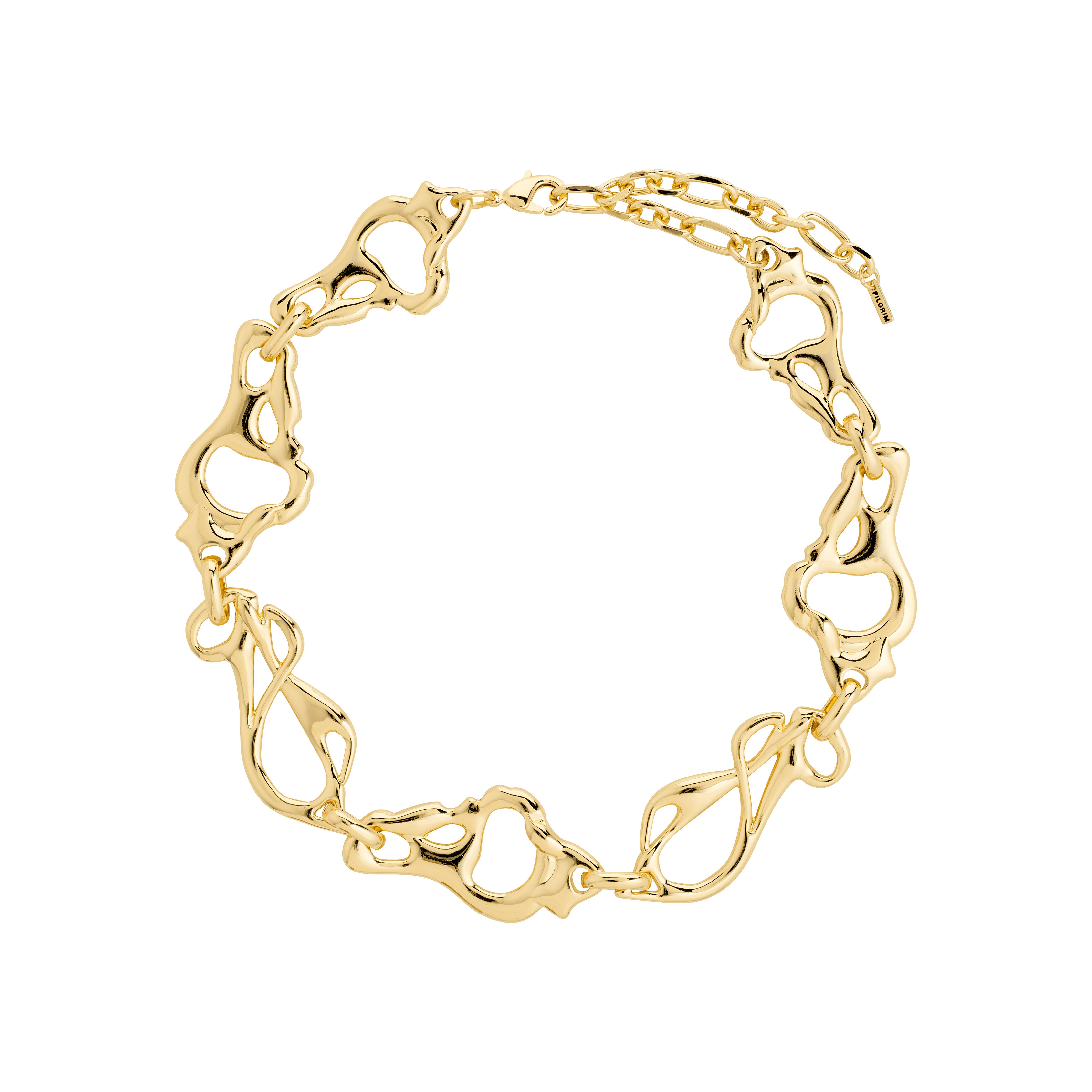 Gold-plated STARLIGHT necklace with abstract, interconnected links, inspired by nature's forms, crafted from 99% recycled materials, stylishly enhancing elegant outfits.
