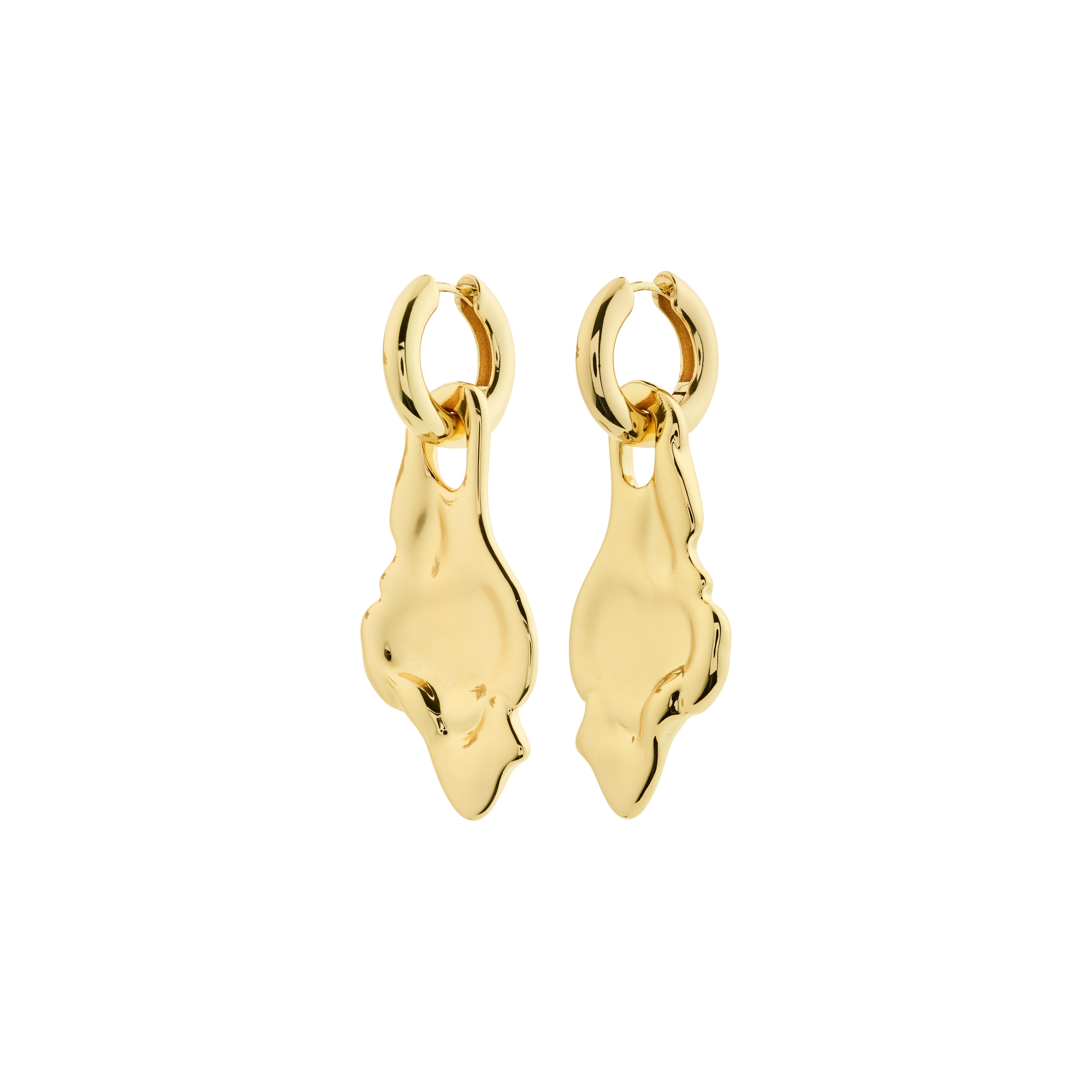STYRLIGHT earrings, gold-plated chunky hoops with organic pendants, featuring a click clasp for easy wear. Made from 99% recycled materials for a bold statement.