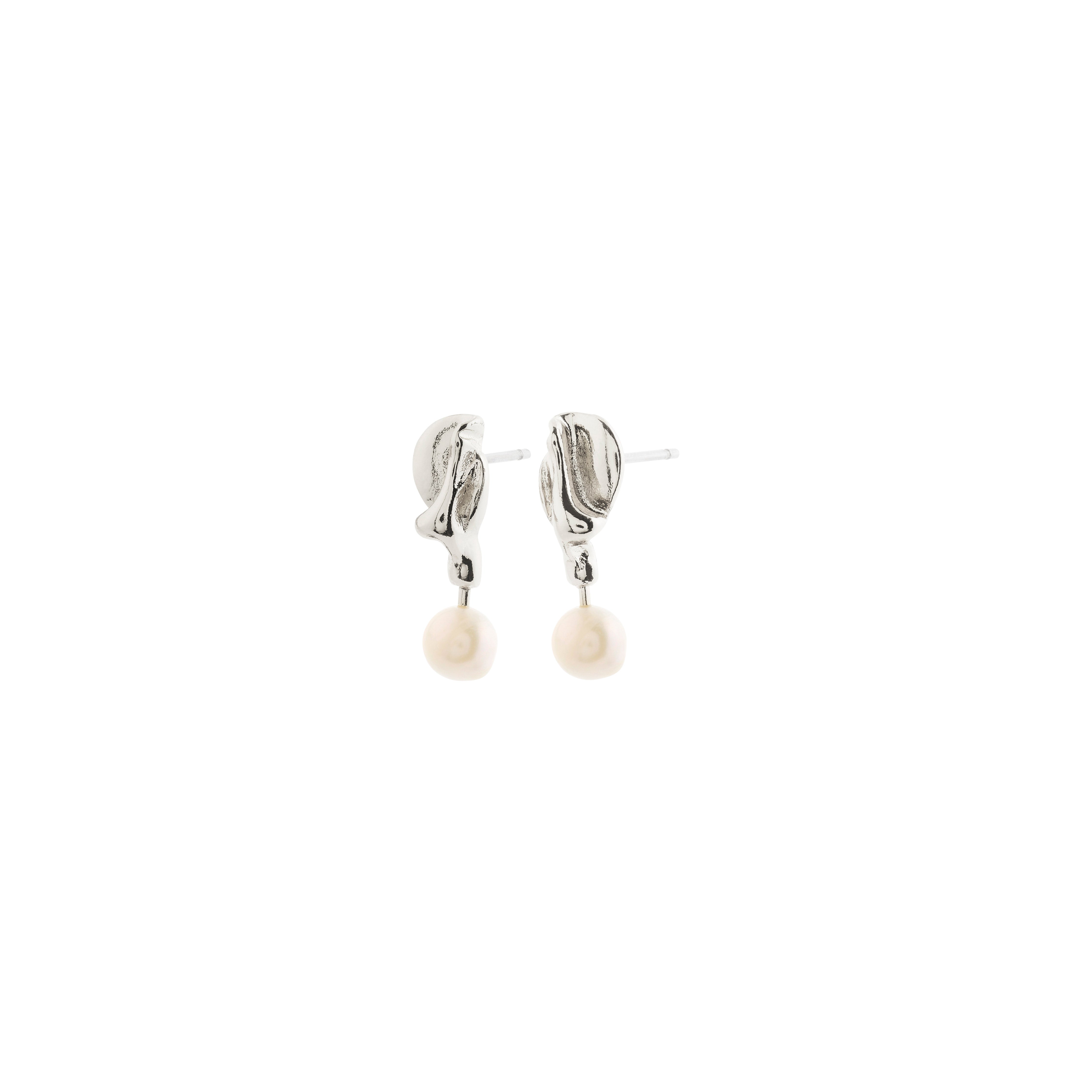 Silver-plated STARLIGHT earrings with organic shapes and genuine freshwater pearl pendants, embodying a wavy, sea-inspired design by Pilgrim.