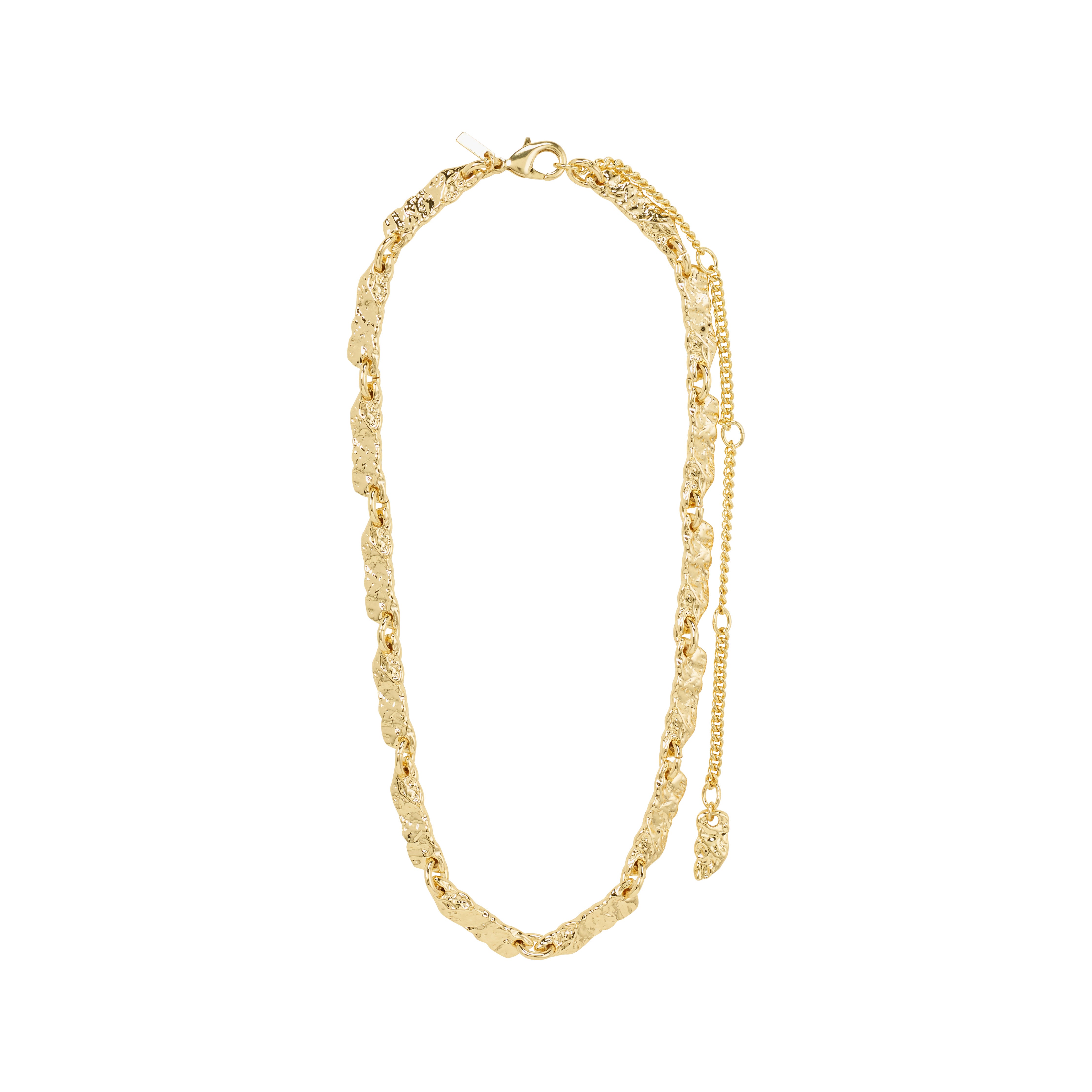 INSTANT necklace gold-plated with textured and hammered irregular links, fine curb chain, and small charm, joined by a lobster-claw clasp and adjustable extension chain.