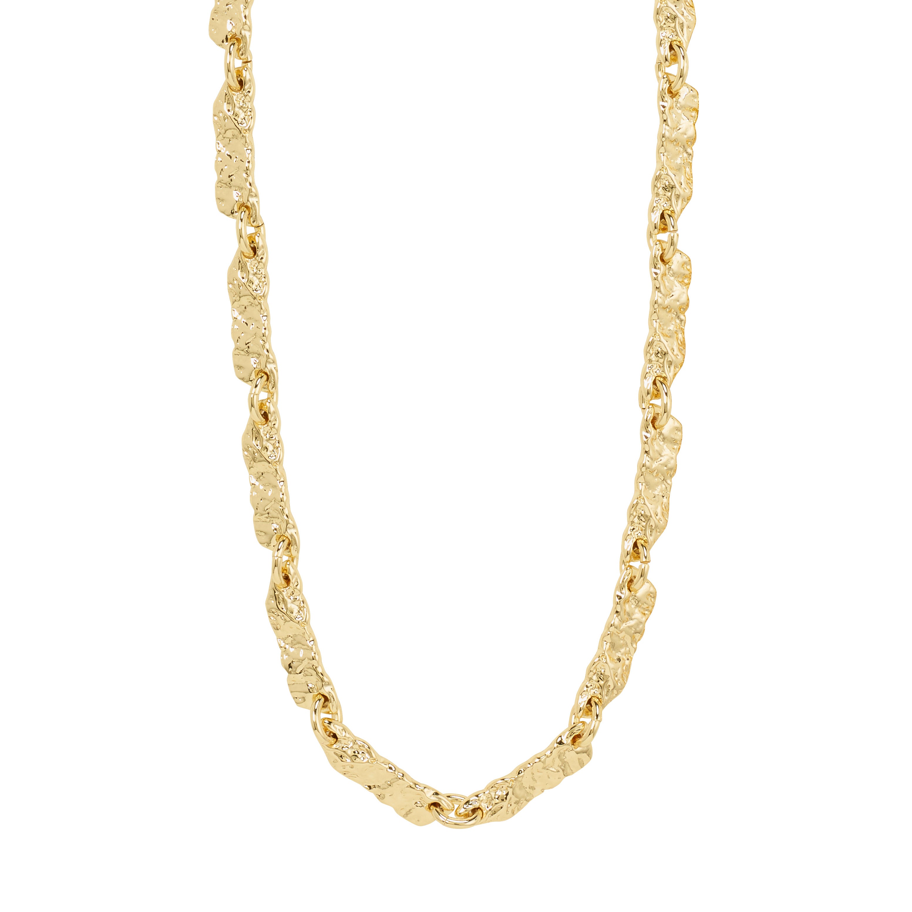 INSTANT necklace gold-plated with irregular hammered links, offering a handcrafted vibe and stylish appeal, crafted from 99% recycled material, displayed on a white background.