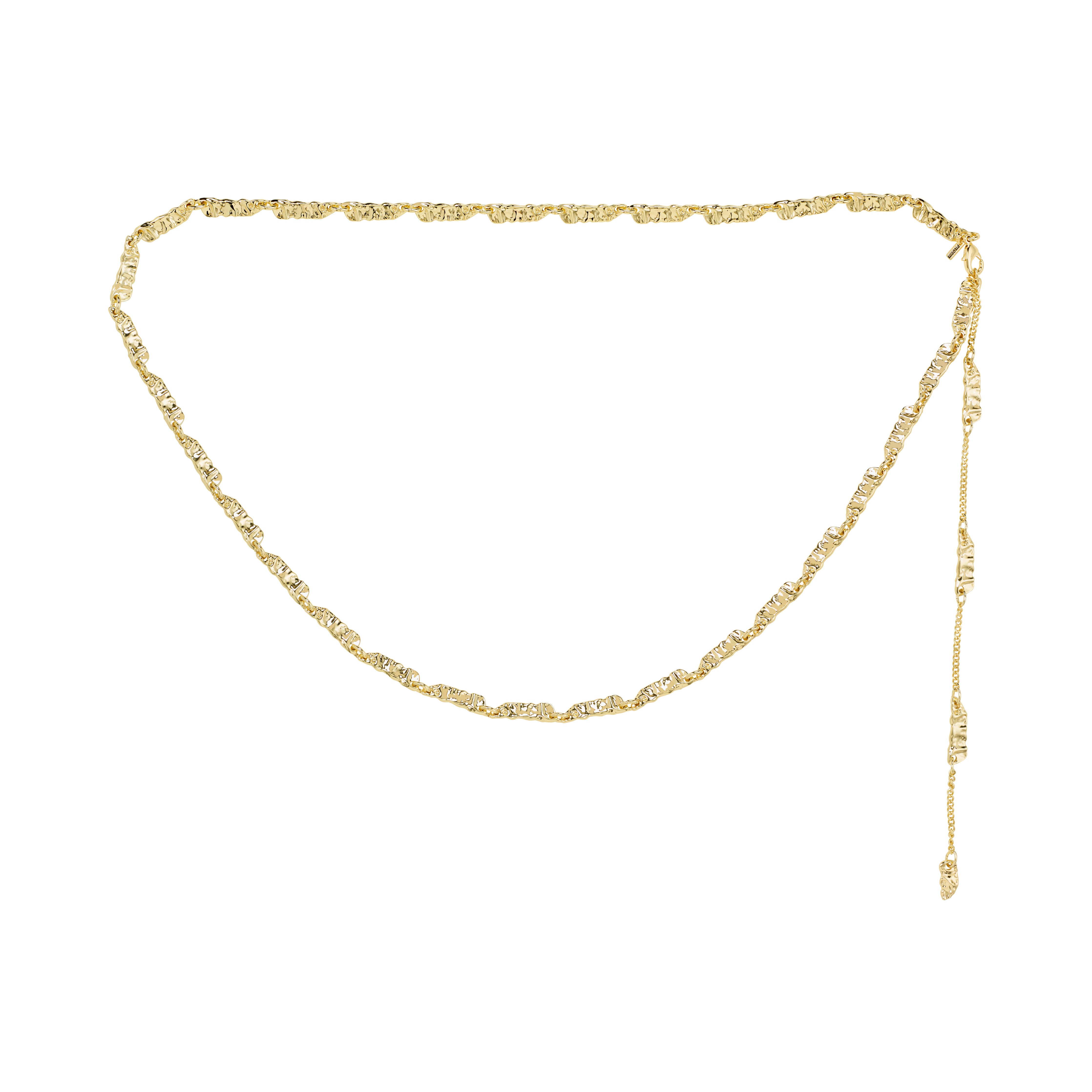 INSTANT body jewellery gold-plated chain, featuring textured, rectangular links for a handcrafted feel. Versatile as a necklace or chain belt, measuring 90 cm.