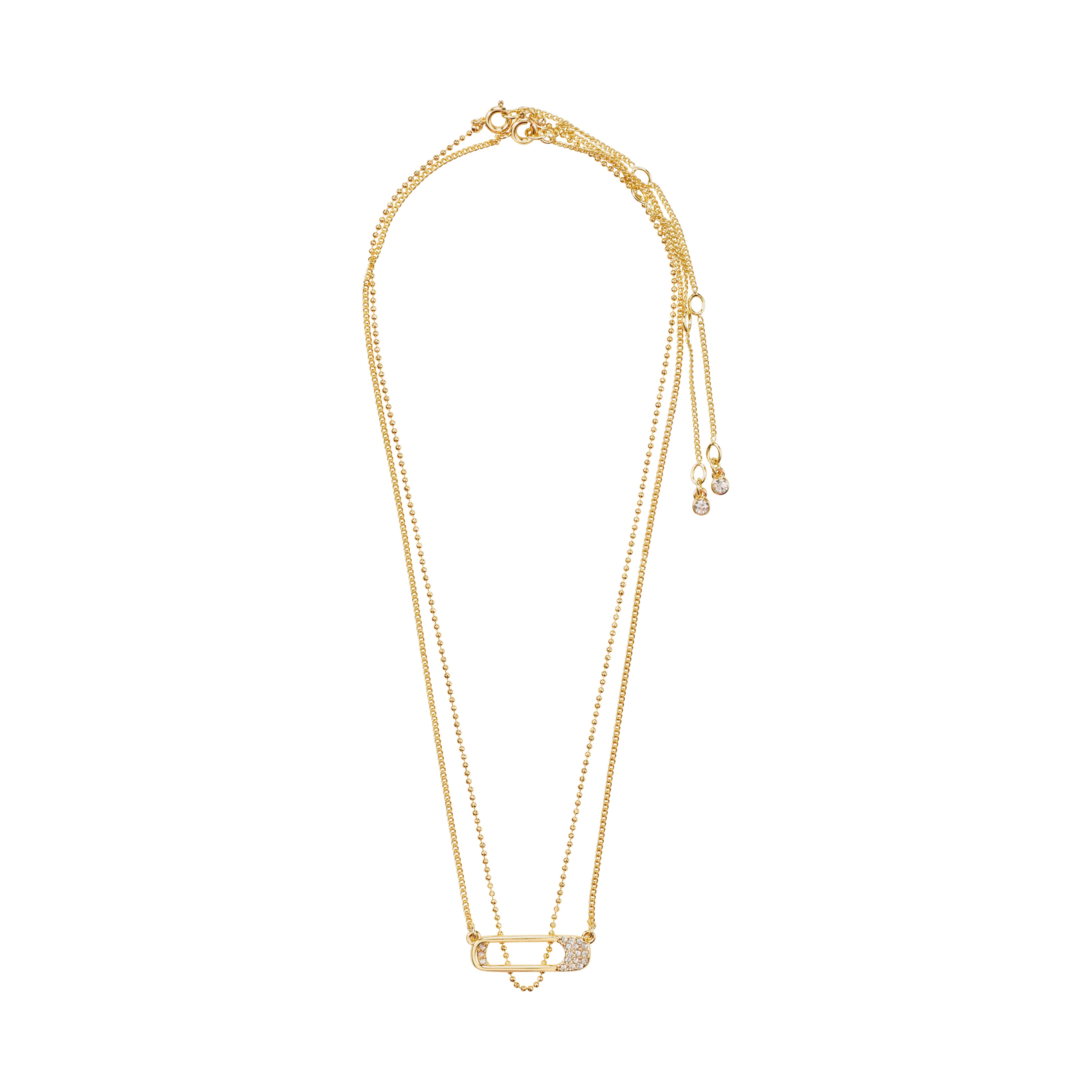 Gold-plated INSTANT necklace set featuring two slim layered chains with a safety pin-inspired pendant adorned with Preciosa crystals. Includes adjustable chain tails with crystal beads.