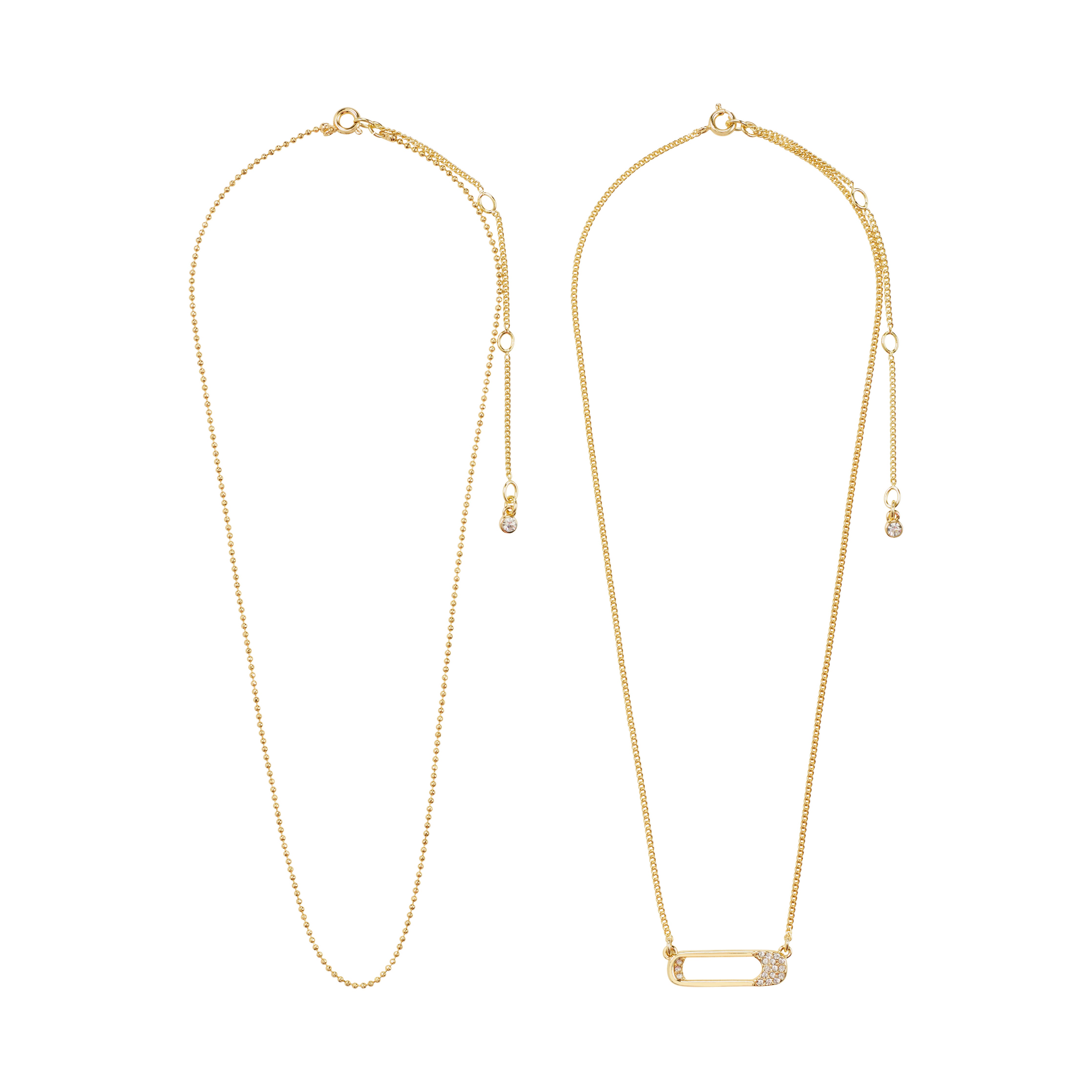 Gold-plated INSTANT necklace set featuring a beaded chain with crystal drop and a curb chain with a crystal-adorned paper-clip pendant, both with adjustable pull-chains.