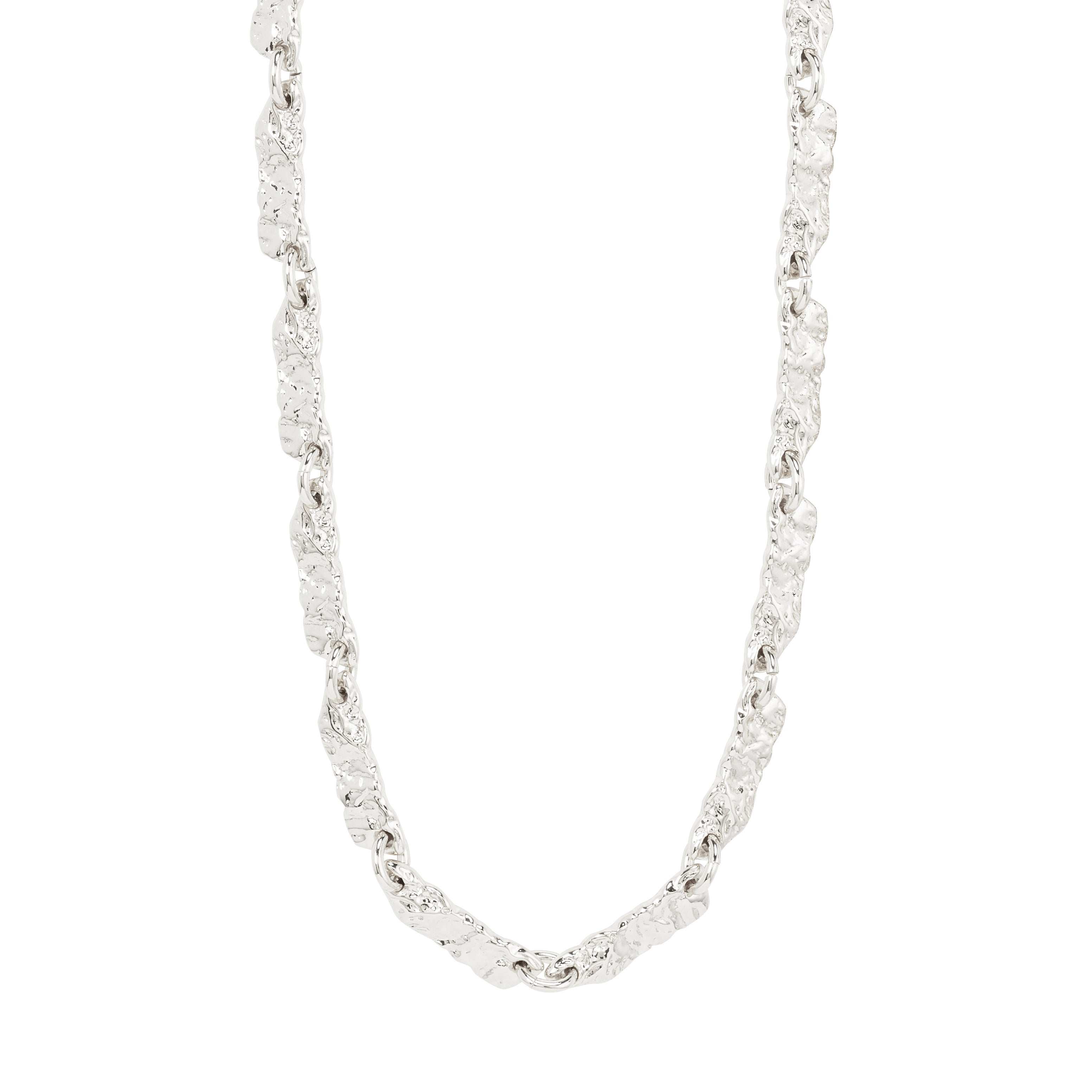 Close-up of the INSTANT necklace silver-plated by Pilgrim, featuring textured flat rectangular links, showcasing a handcrafted, shiny finish against a white background.