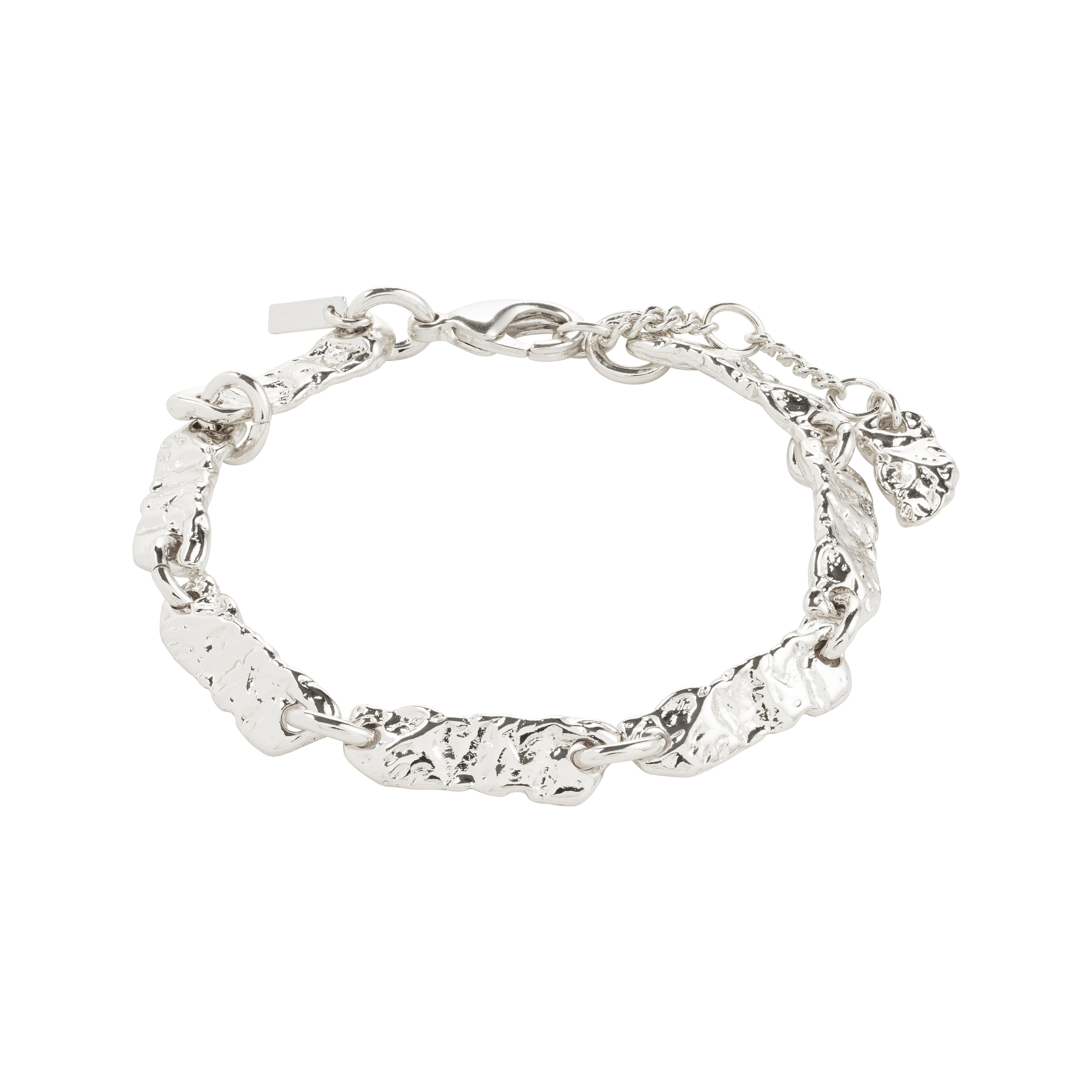 Silver-plated INSTANT bracelet featuring irregular, hammered links with a lobster clasp and nugget charms, reflecting Pilgrim's chic, handcrafted Scandinavian style.