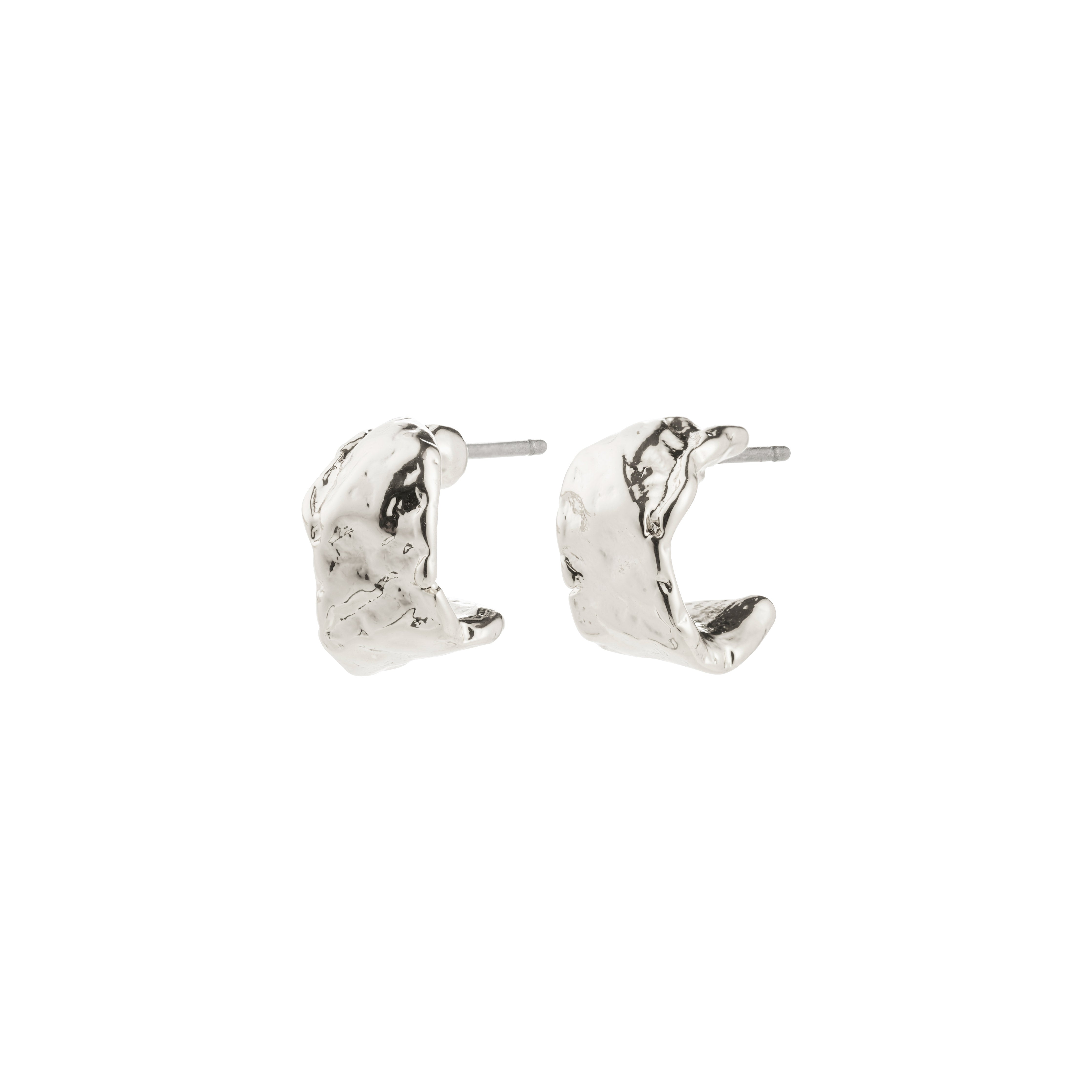 INSTANT silver-plated earrings by Pilgrim, small C-shaped hoops with a molten-metal texture, offering timeless elegance and a raw, organic design for versatile styling.
