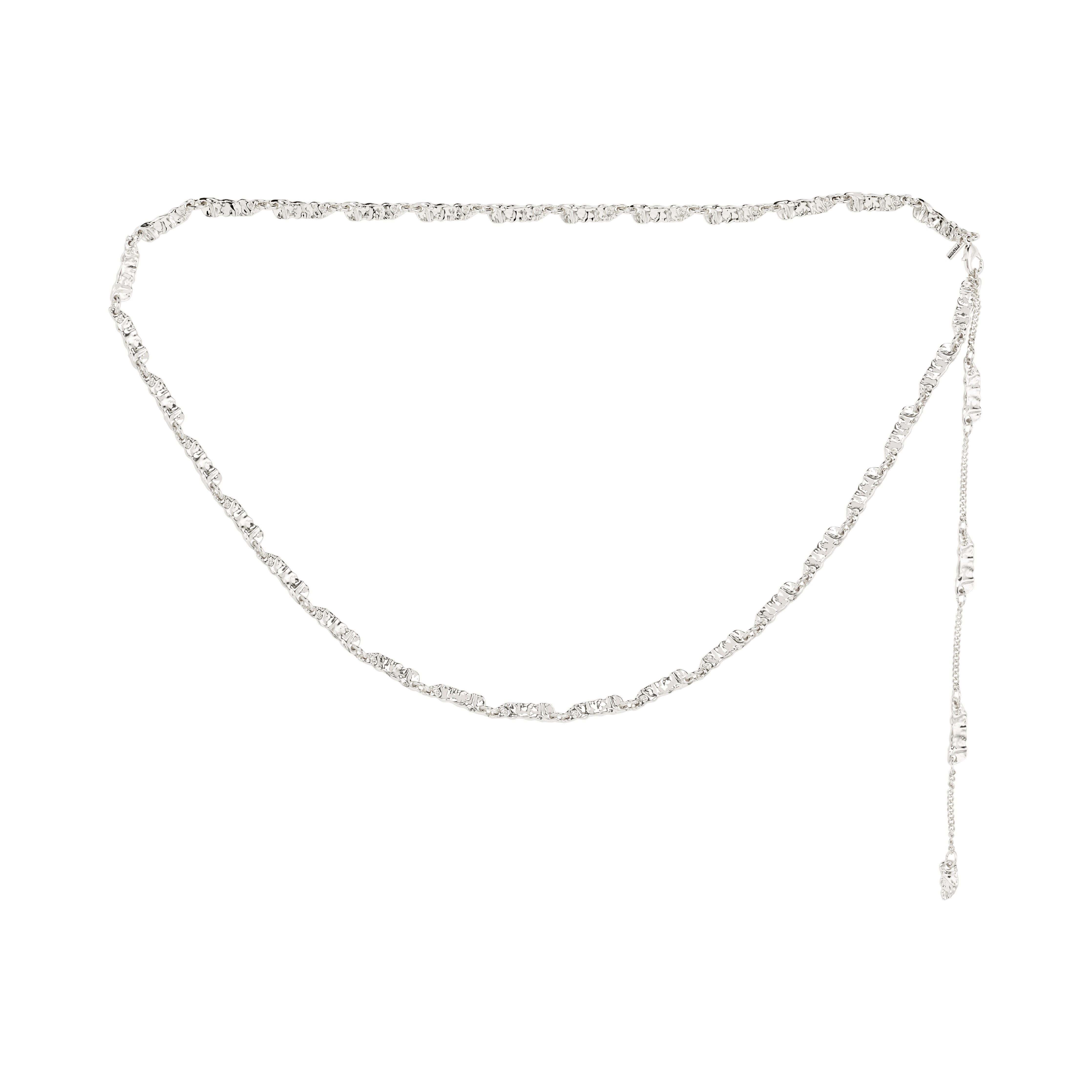 INSTANT body jewellery silver-plated chain, 90 cm long, with crumpled links, designed for versatile wear as a necklace or belt, offering a raw, handcrafted aesthetic.