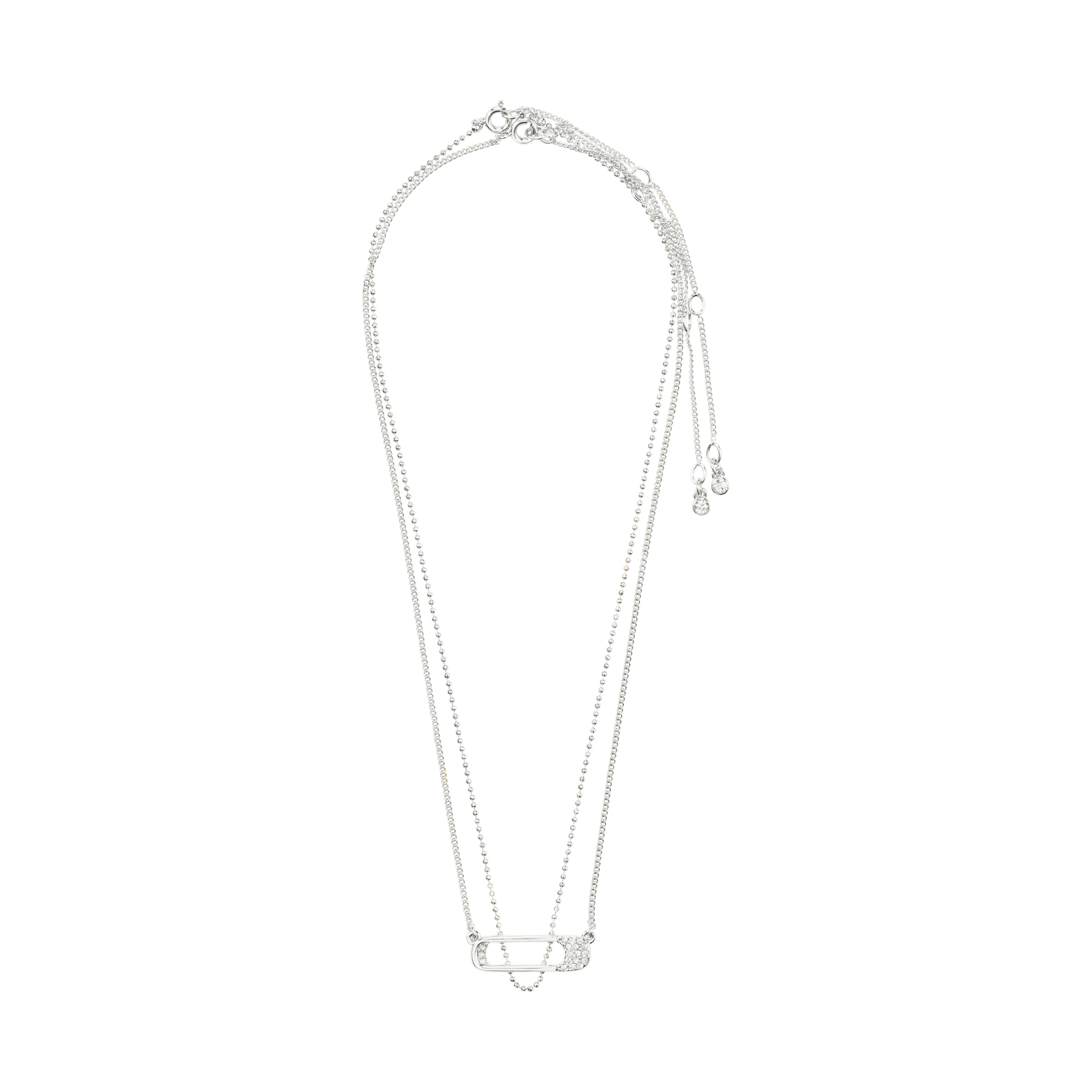 Silver-plated INSTANT necklace set from Pilgrim, featuring dual chains and a safety-pin-inspired pendant with Preciosa crystals, perfect for an edgy, urban look.