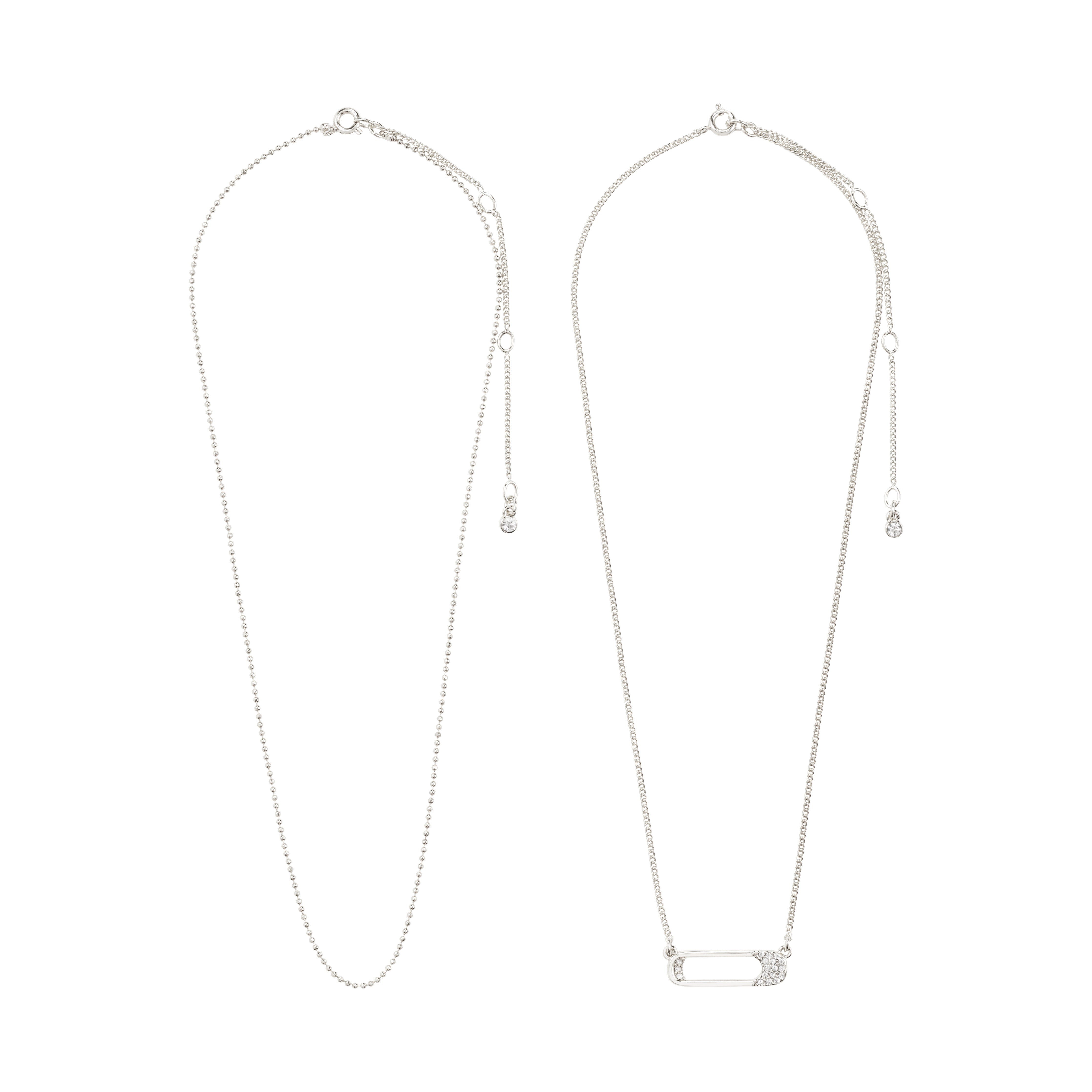 INSTANT necklace 2-in-1 set: Silver-plated beaded and box chains, one with pavé crystal bar pendant, adjustable length, ideal for layered or solo wear.