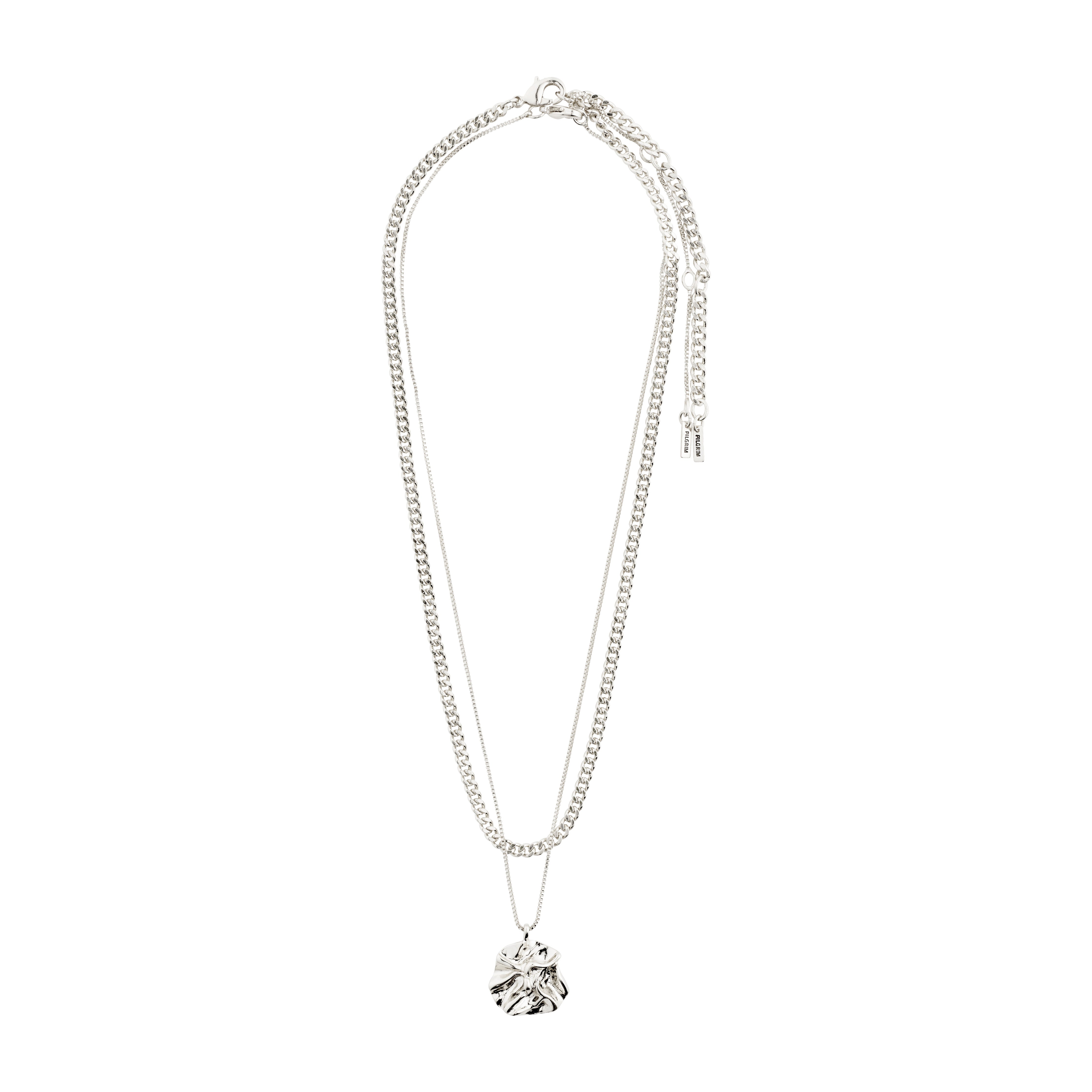 WILLPOWER curb & coin necklace, 2-in-1 set, featuring a silver-plated raw curb chain and irregular pendant for an urban, handcrafted look.