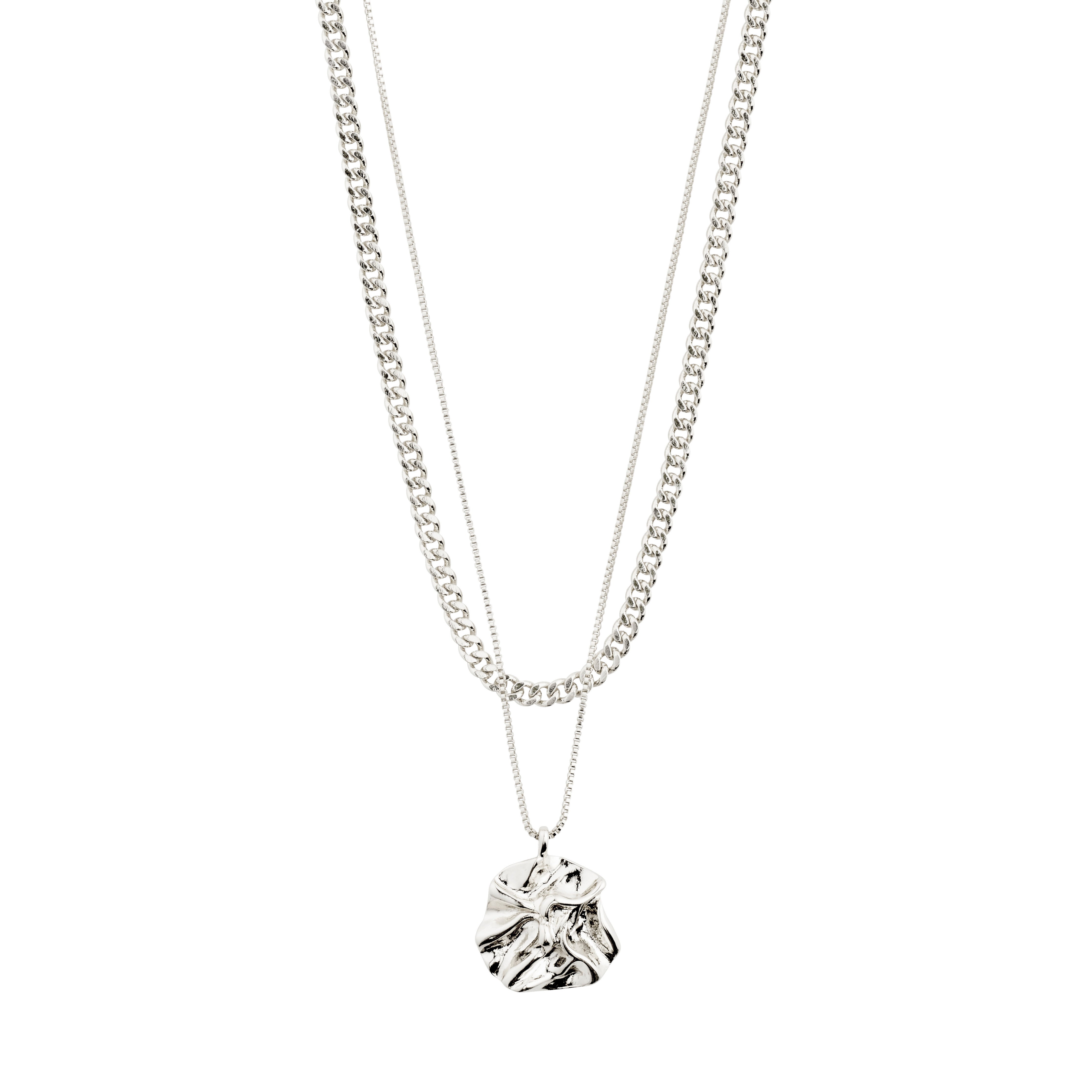 WILLPOWER curb & coin necklace, 2-in-1 set, silver-plated, featuring a raw curb chain and wavy pendant design, perfect for a personalized, urban look.