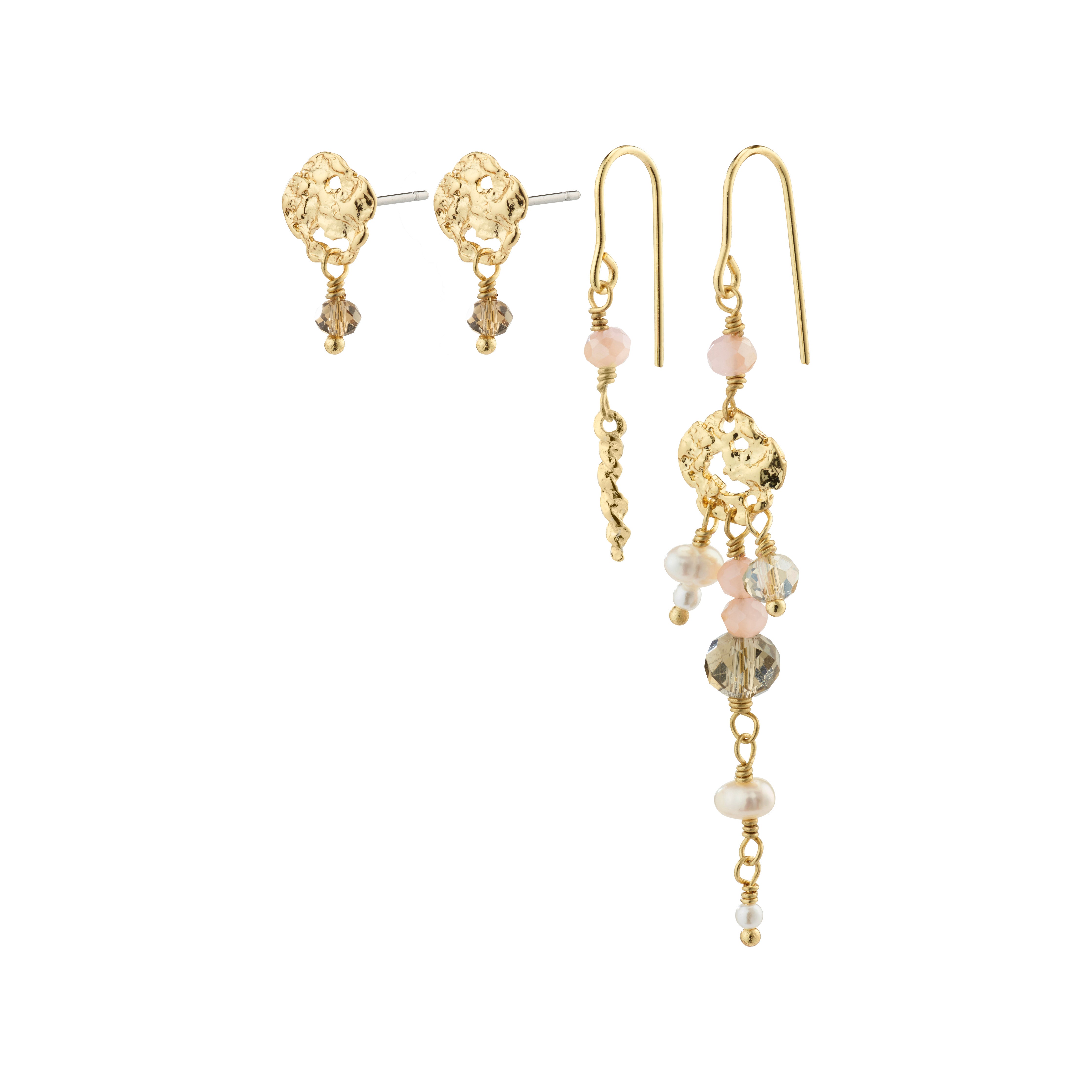 SMILE earrings 2-in-1 set, gold-plated, featuring pearl pendants and asymmetrical hooks with twirled pendants, embodying Pilgrim's playful, Scandinavian style.