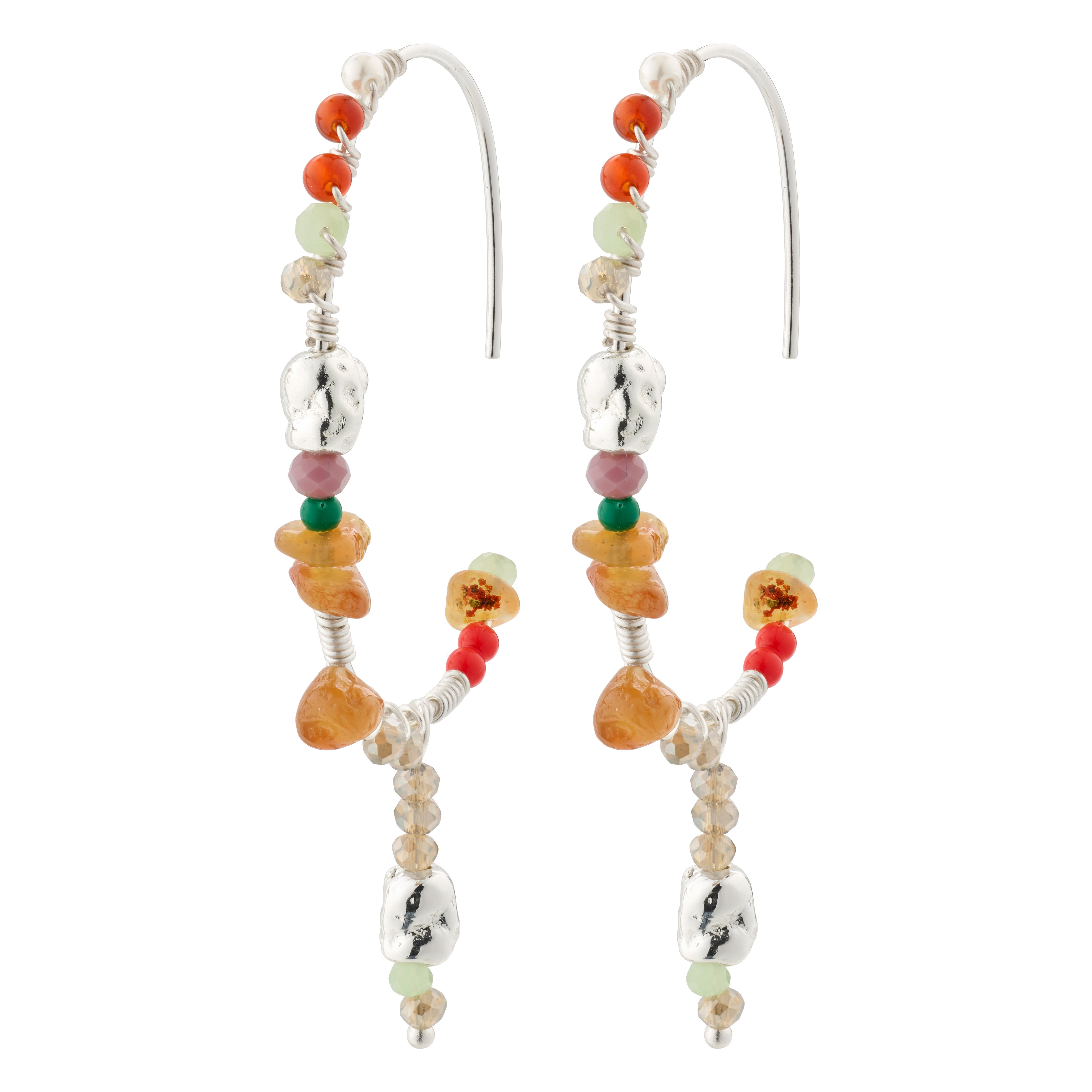 Silver-plated TRUST half hoop earrings with colorful beads and semi-precious stones, showcasing a handcrafted, bohemian design from Pilgrim's collection.