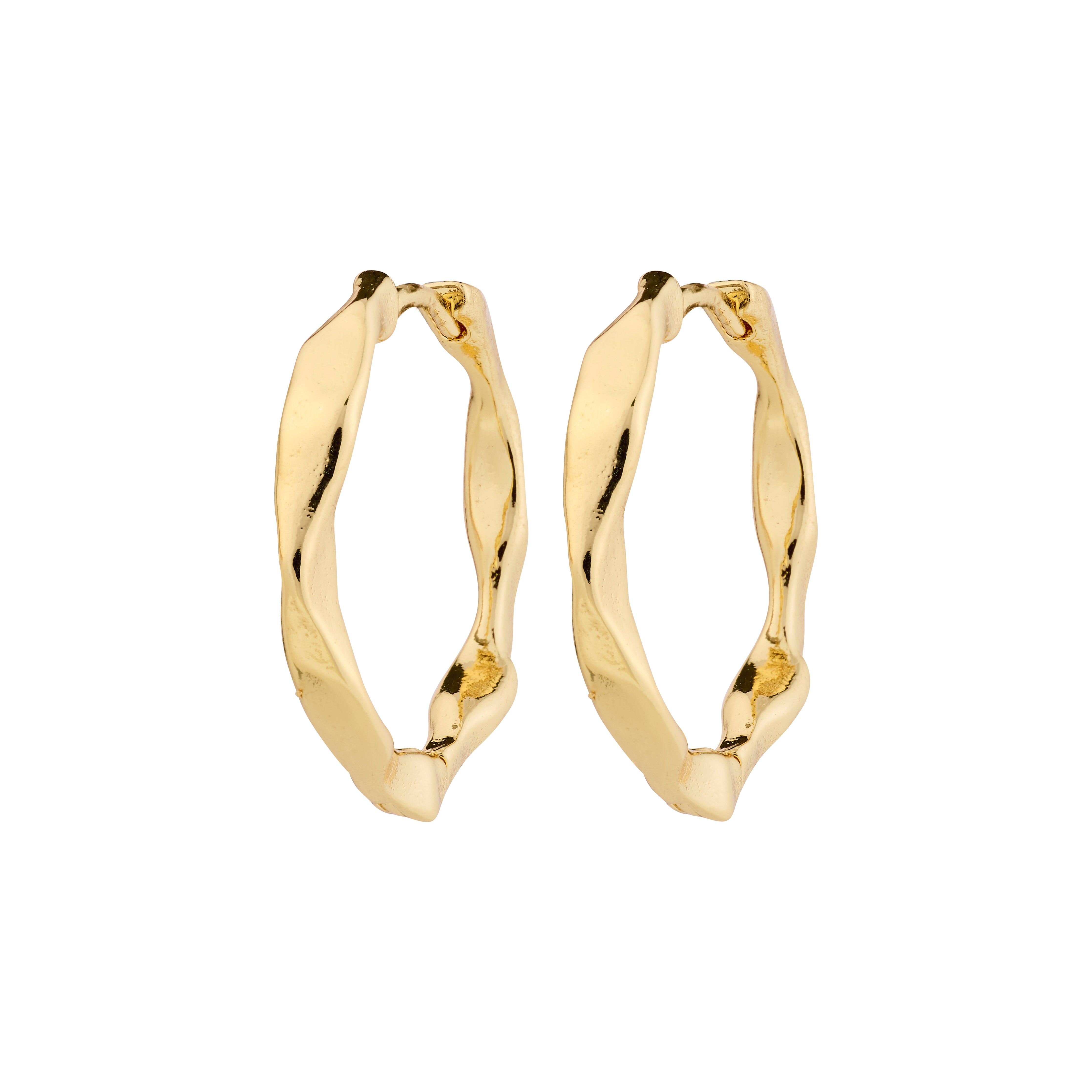 DAWN earrings gold-plated hoops by Pilgrim, handcrafted with an organic design, offering elegance and versatility. Made from 99% recycled materials for eco-conscious style.