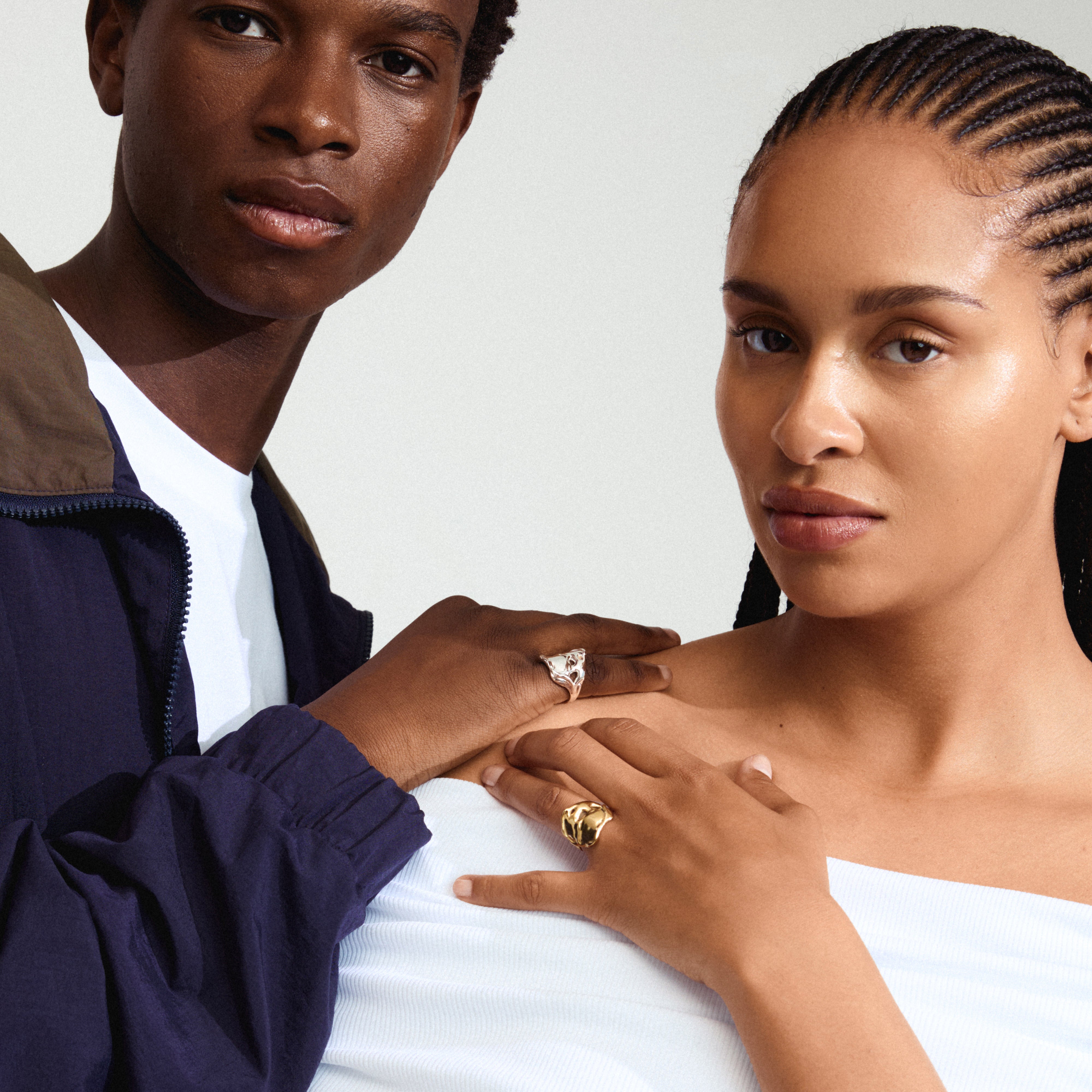 DAWN ring gold-plated on a woman's hand, showcasing its unique, organic design and shiny surface, part of Pilgrim's handcrafted IMAGINATION collection.