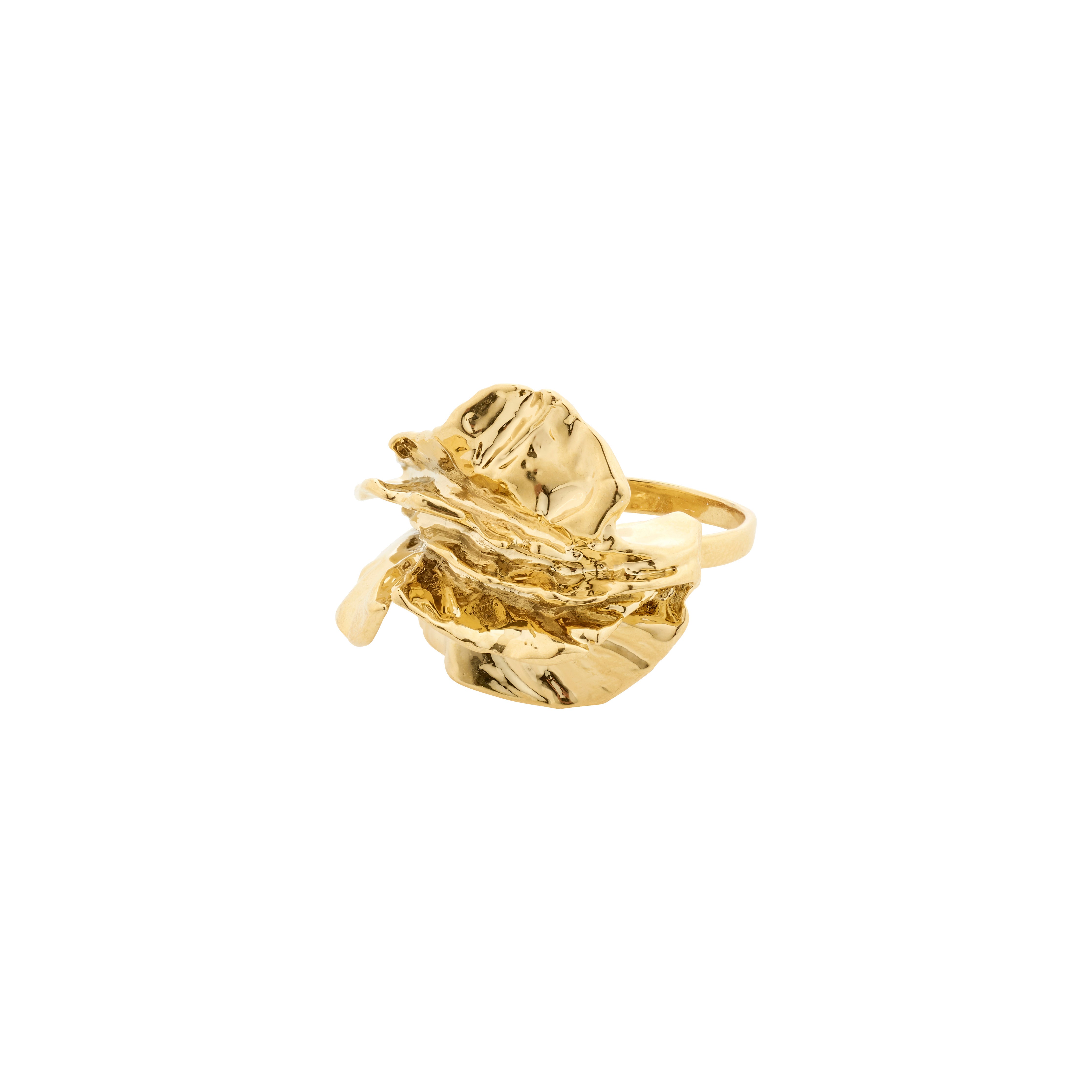 ECLIPSE ring gold-plated, showcasing its bold, organic design and shiny finish, crafted from recycled materials, embodies empowerment and nature. Adjustable for a perfect fit.