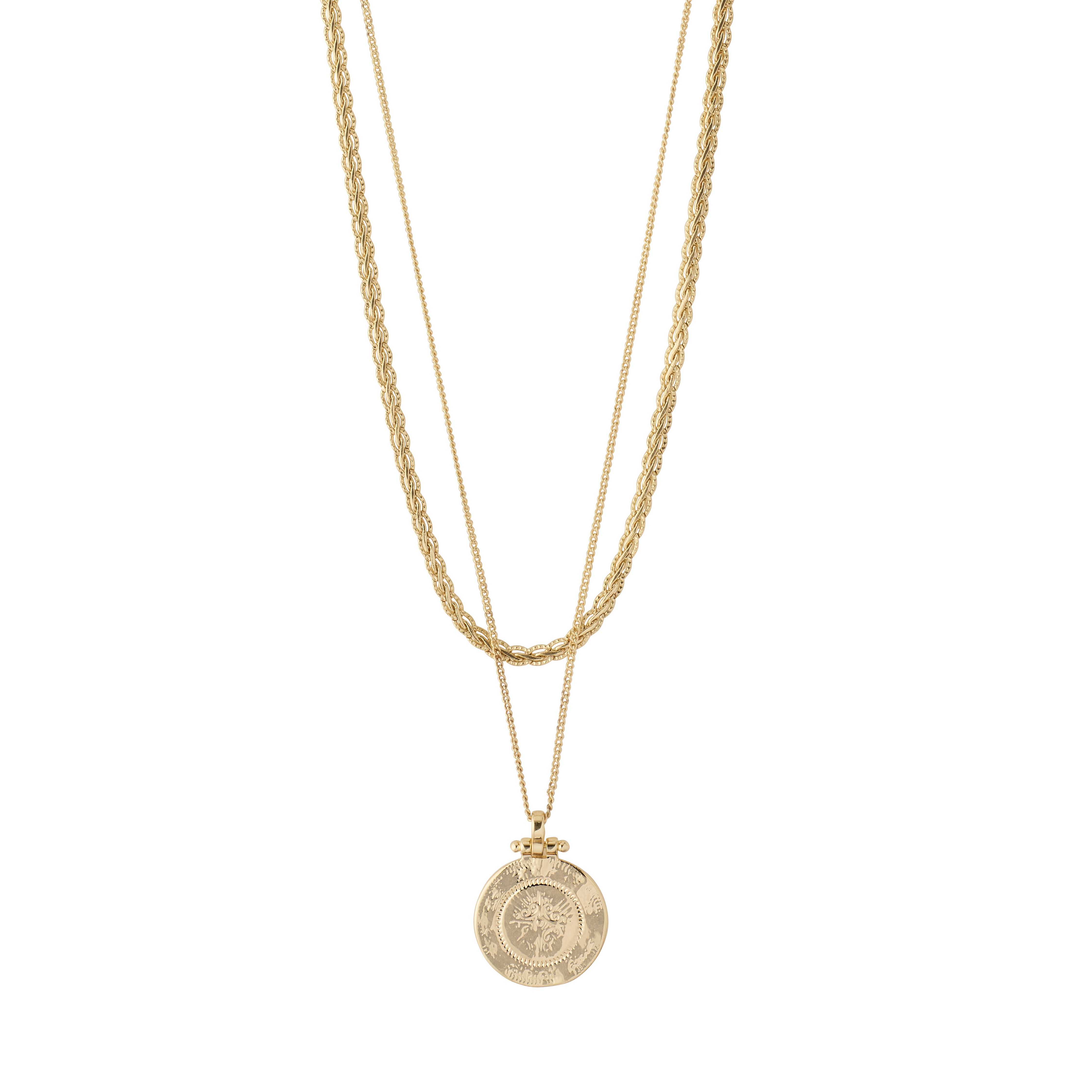 NOMAD 2-in-1 coin necklace gold-plated features a layered design with two chains and a coin pendant, ideal for a trendy, stylish look.