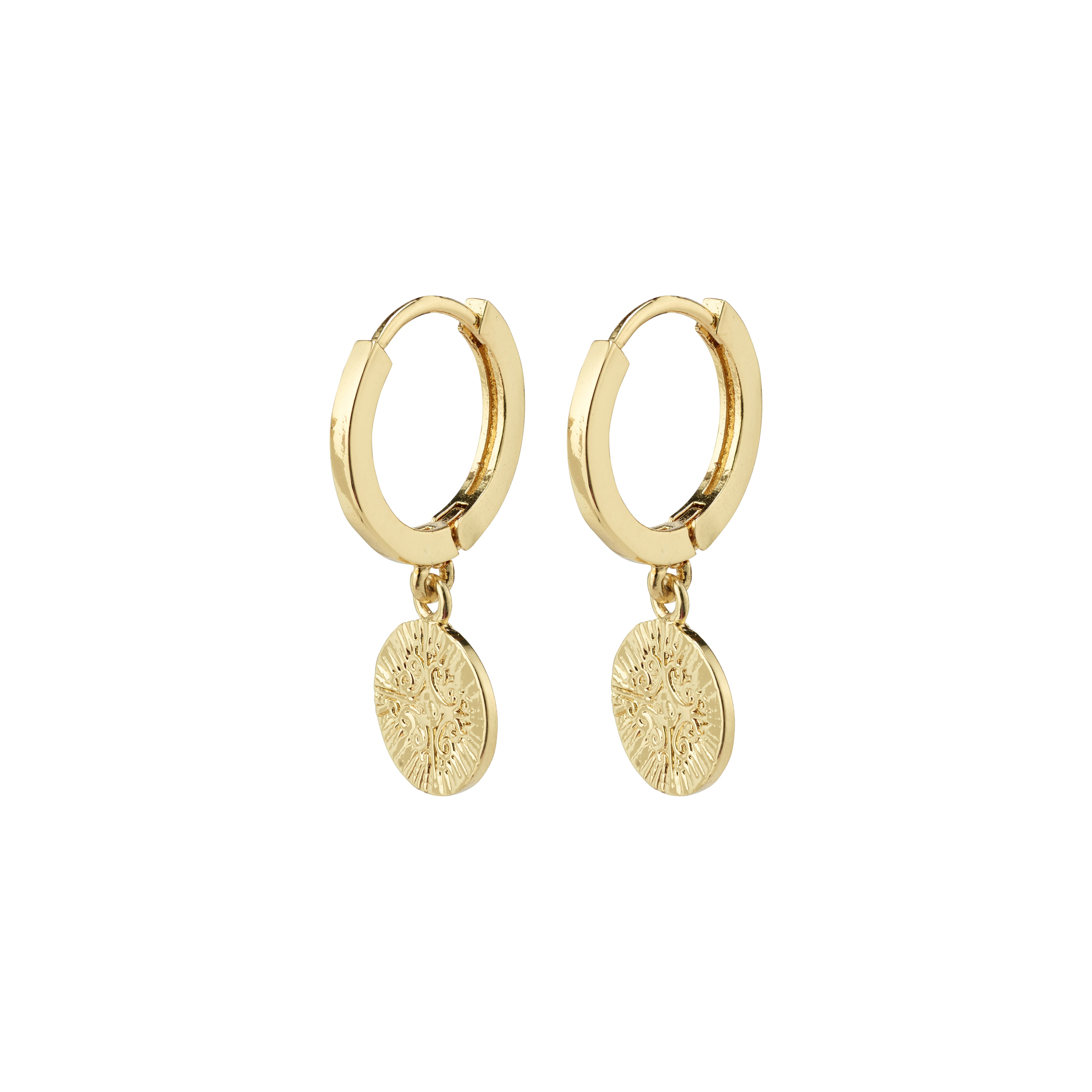 NOMAD coin huggie hoop earrings gold-plated from Pilgrim, featuring delicate hoops with coin pendants, offering a timeless, versatile accessory for any outfit.