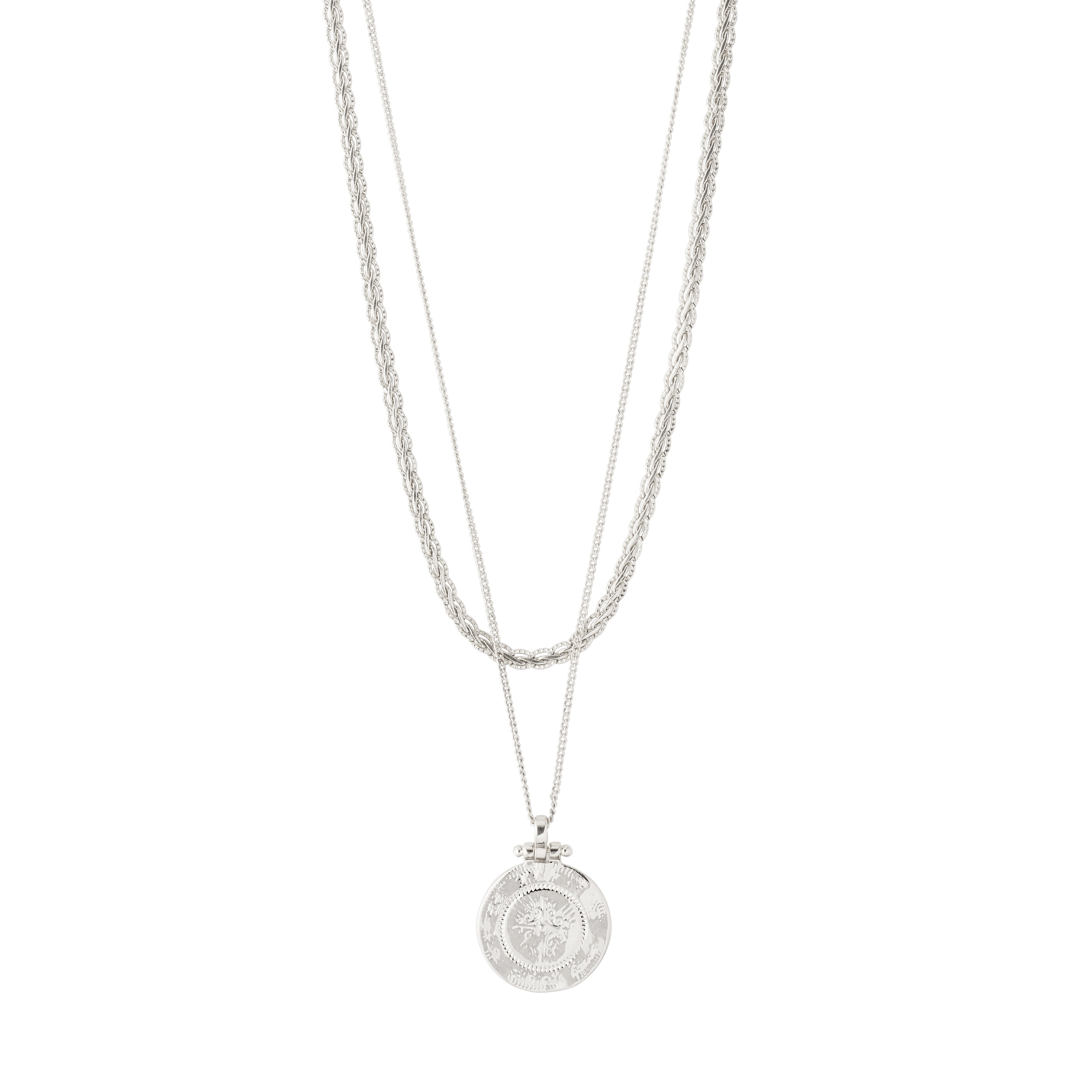 NOMAD 2-in-1 coin necklace silver-plated, featuring two layered chains with round pendants, ideal for a trendy, everyday look from Pilgrim's Nomad collection.