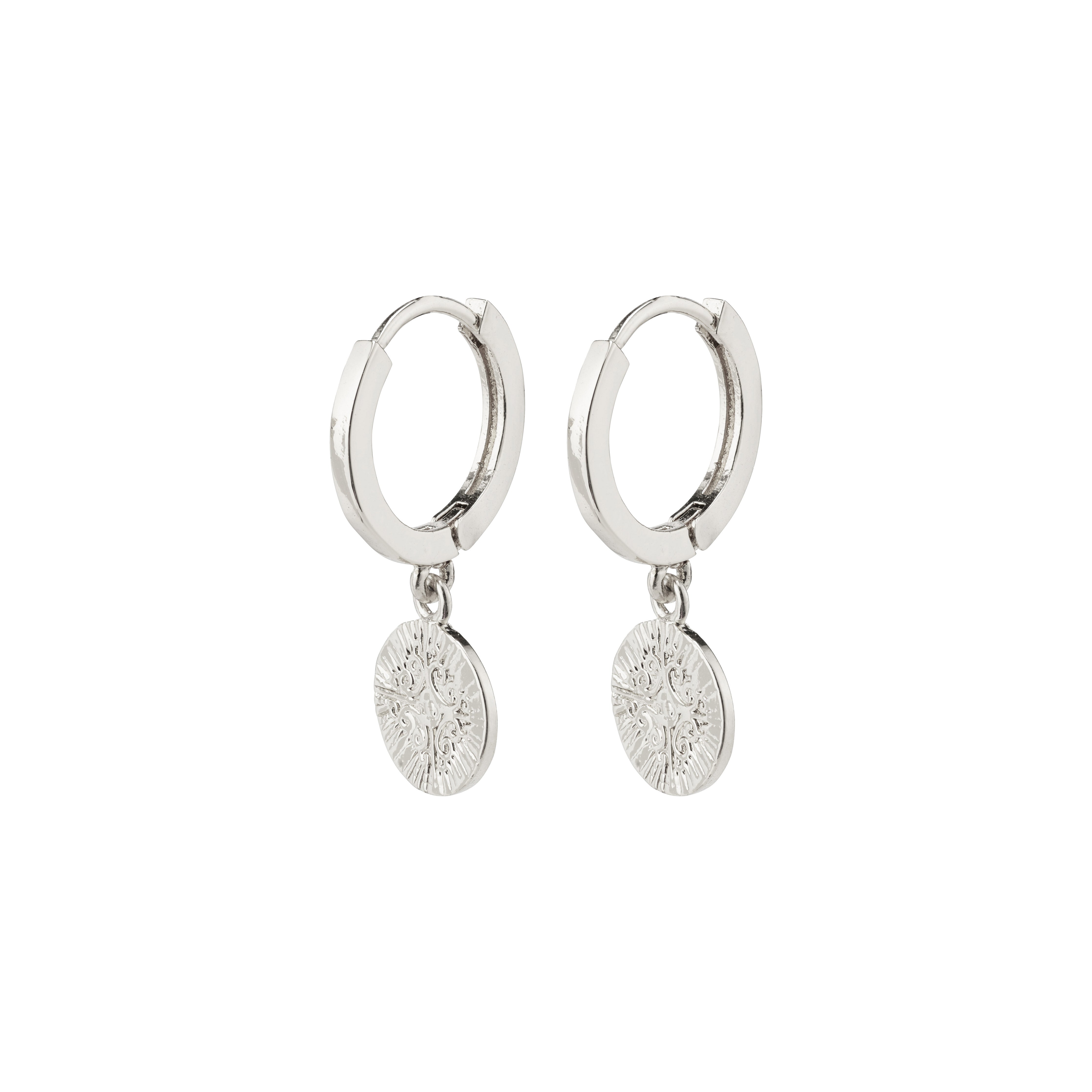 NOMAD coin huggie hoop earrings, silver-plated, featuring elegant feminine hoops and bohemian coin pendants, perfect for everyday style from Pilgrim's Nomad collection.