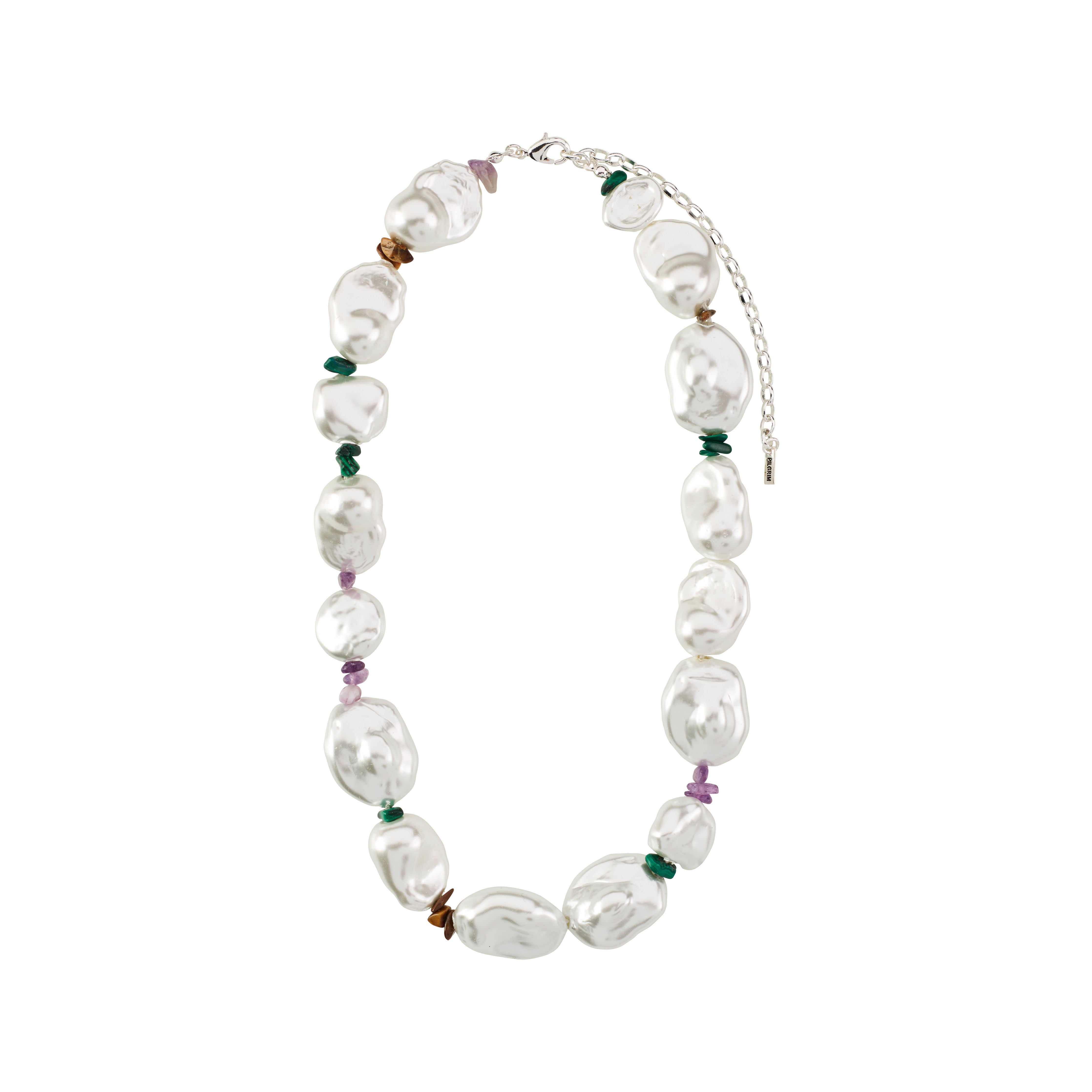 RHYTHM pearl necklace silver-plated, featuring imitation pearls and asymmetrical shapes with tiger's eye, malachite, and amethyst details; a statement piece with boho vibes.
