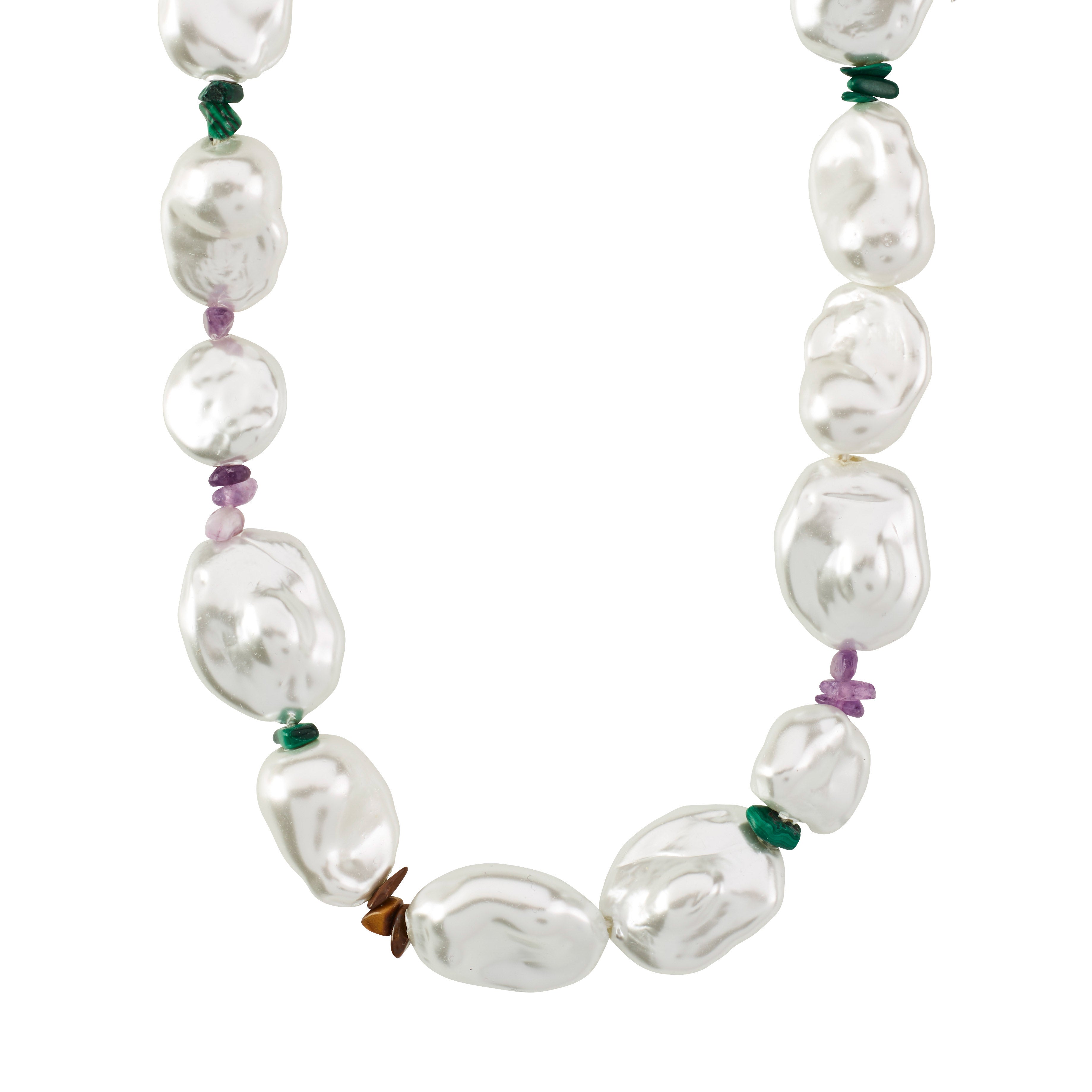 Silver-plated RHYTHM pearl necklace featuring asymmetrical imitation pearls, with tiger's eye, malachite, and amethyst detailing, offering a luxe boho vibe.