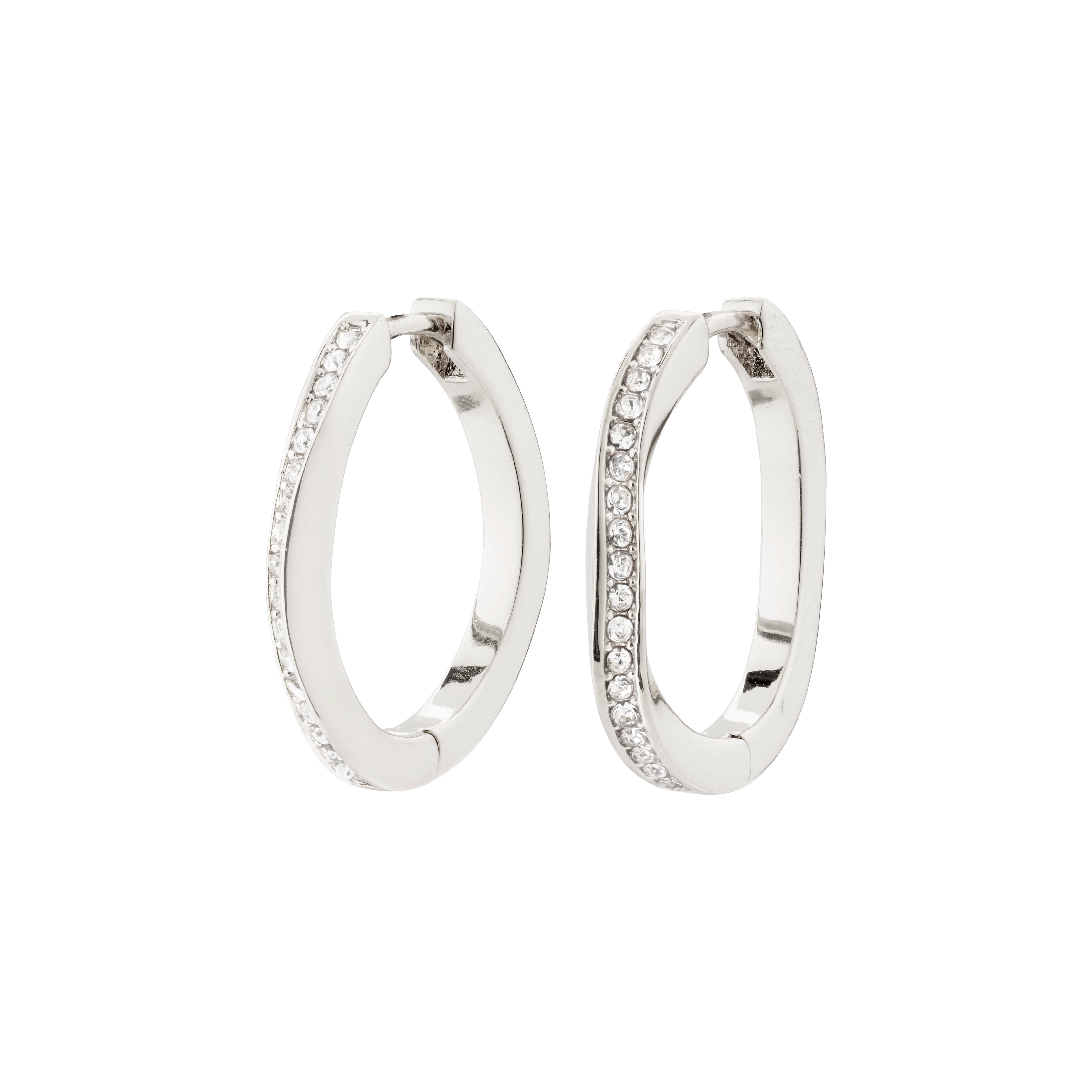 TRUE hoop earrings silver-plated with shiny Preciosa crystals, featuring an elegant, organic design and easy click clasp, crafted from 94% recycled material.