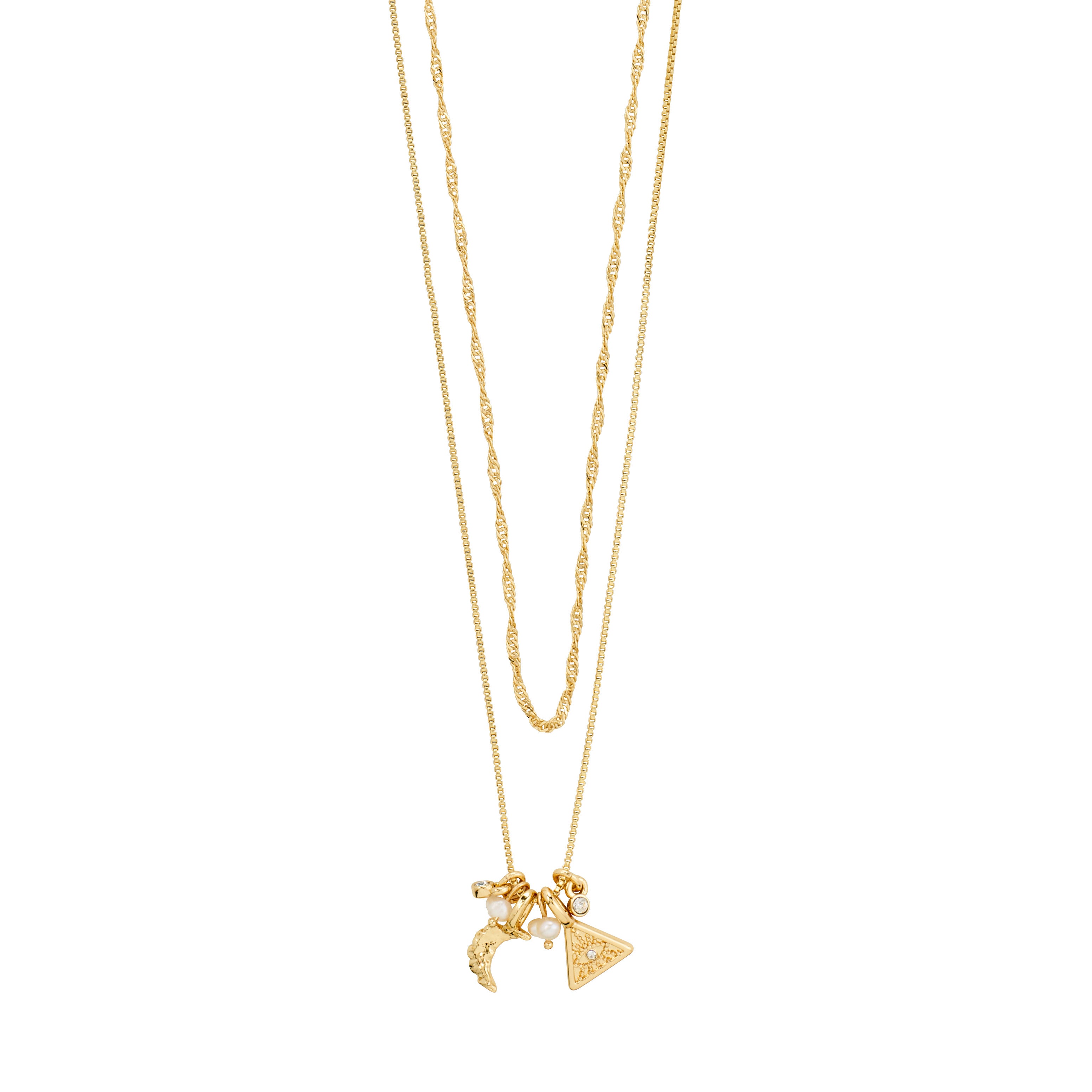 BETWEEN necklace 2-in-1 gold-plated: features a sleek box chain and a twisted chain with pendants, including an eye, moon, pearls, and crystals for a boho look.