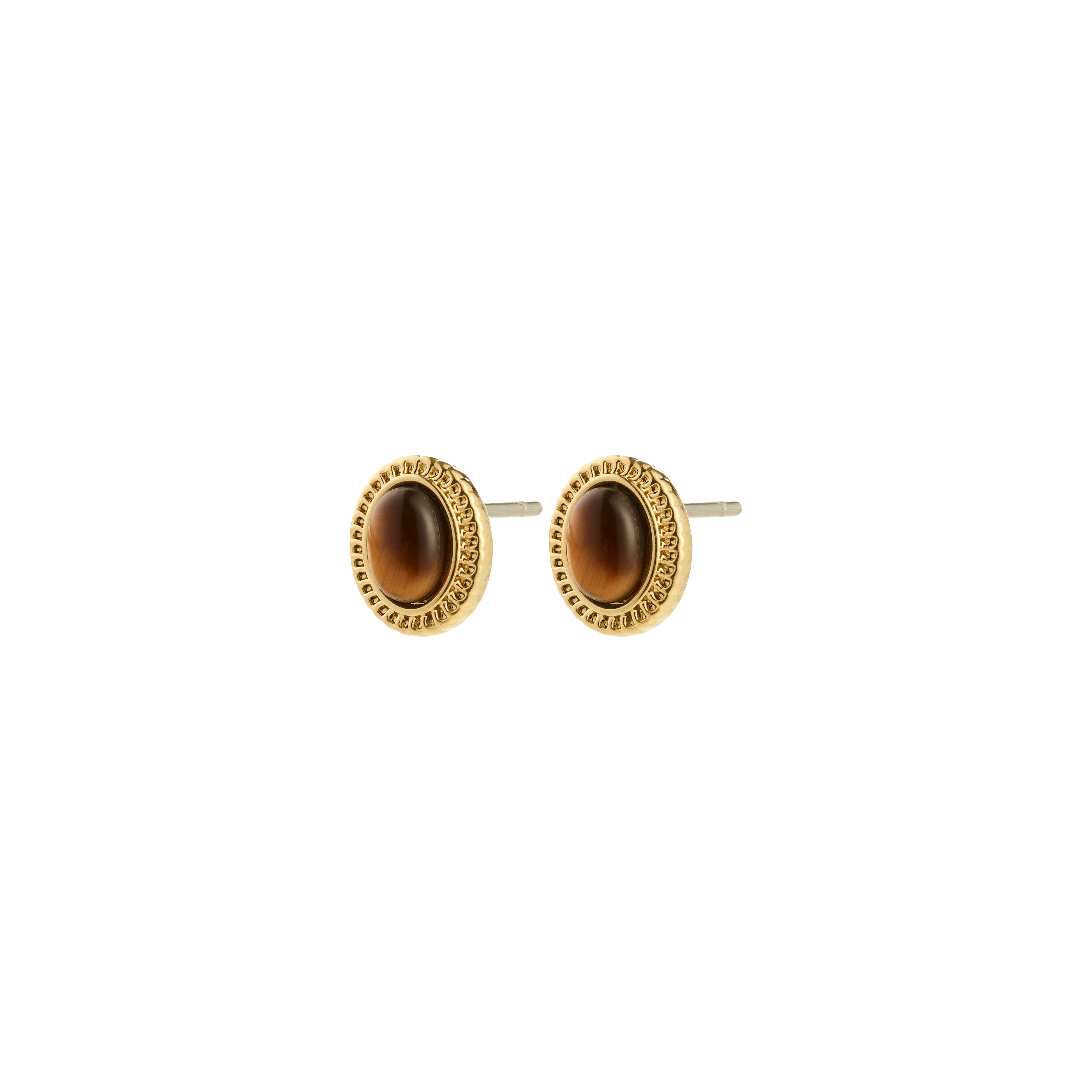 Gold-plated BETWEEN earrings featuring cabochon-cut Tiger Eye stones in an antique-inspired setting, embodying boho chic with a vintage charm.