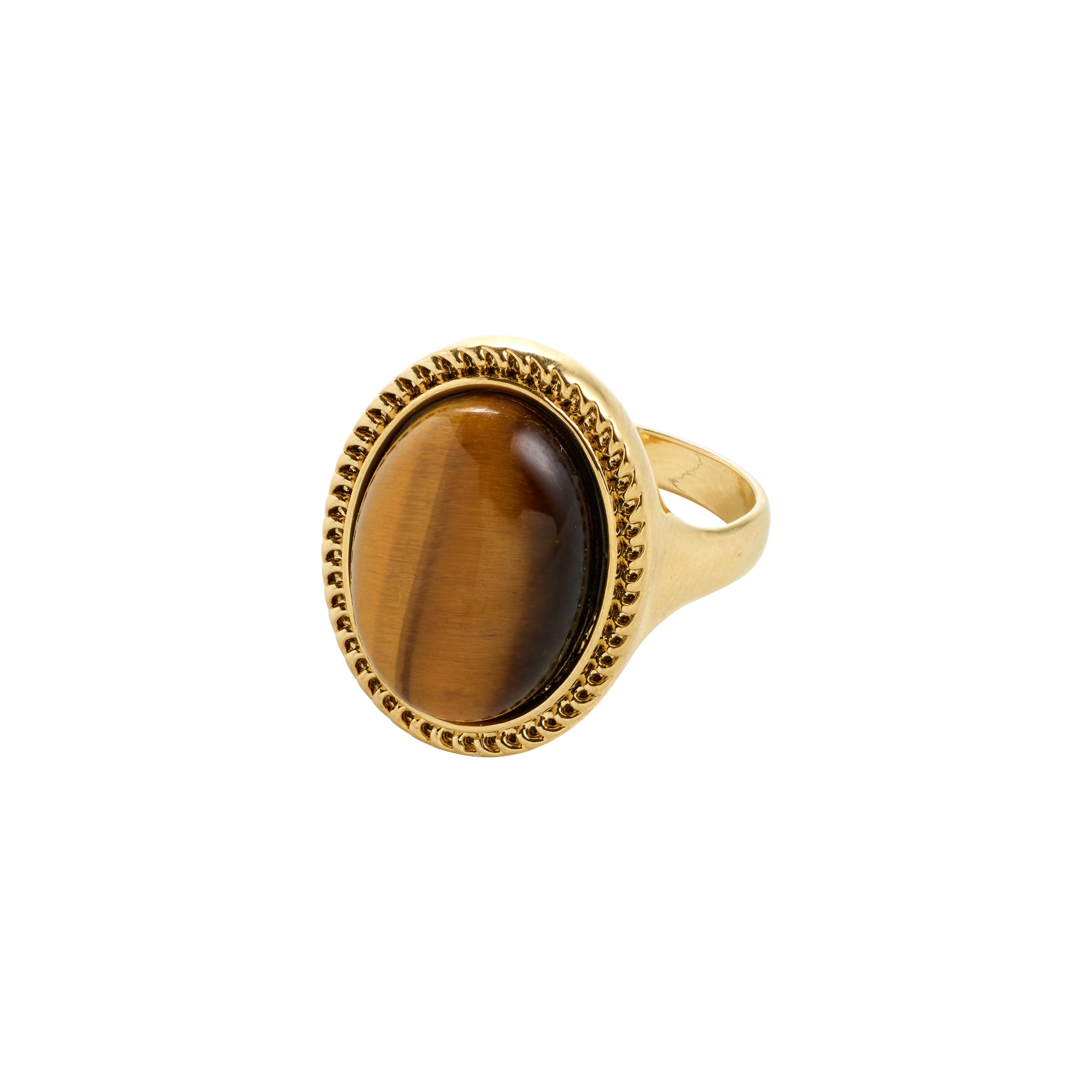Gold-plated BETWEEN ring featuring an oval Tiger Eye stone in an antique setting, exuding vintage-inspired elegance and boho chic vibes.