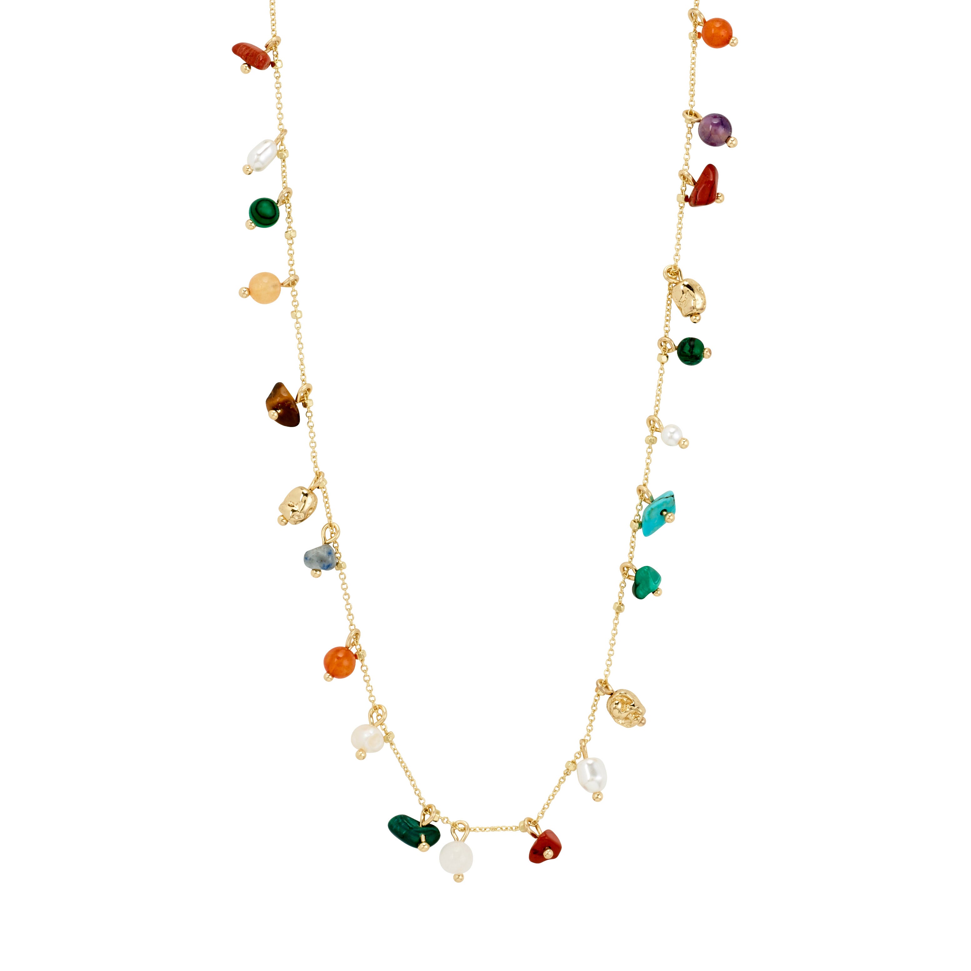 BETWEEN necklace gold-plated featuring vibrant semi-precious stones like Amethyst and Turquoise on a gold chain, embodying a luxe boho style.