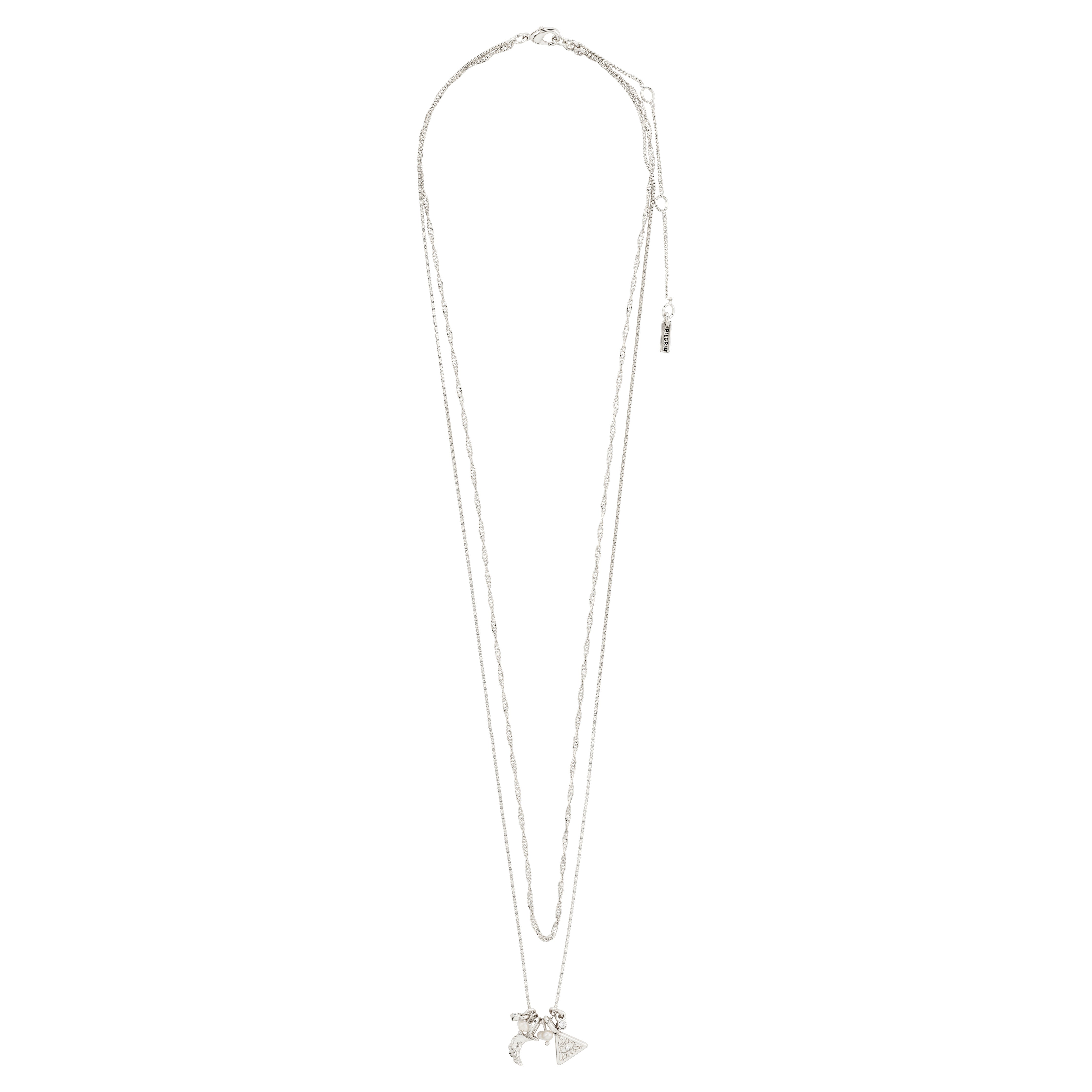 BETWEEN necklace 2-in-1 silver-plated: close-up of a silver necklace featuring a sleek box chain, twisted chain, and charms like an all-seeing eye, moon, pearls, and crystals.