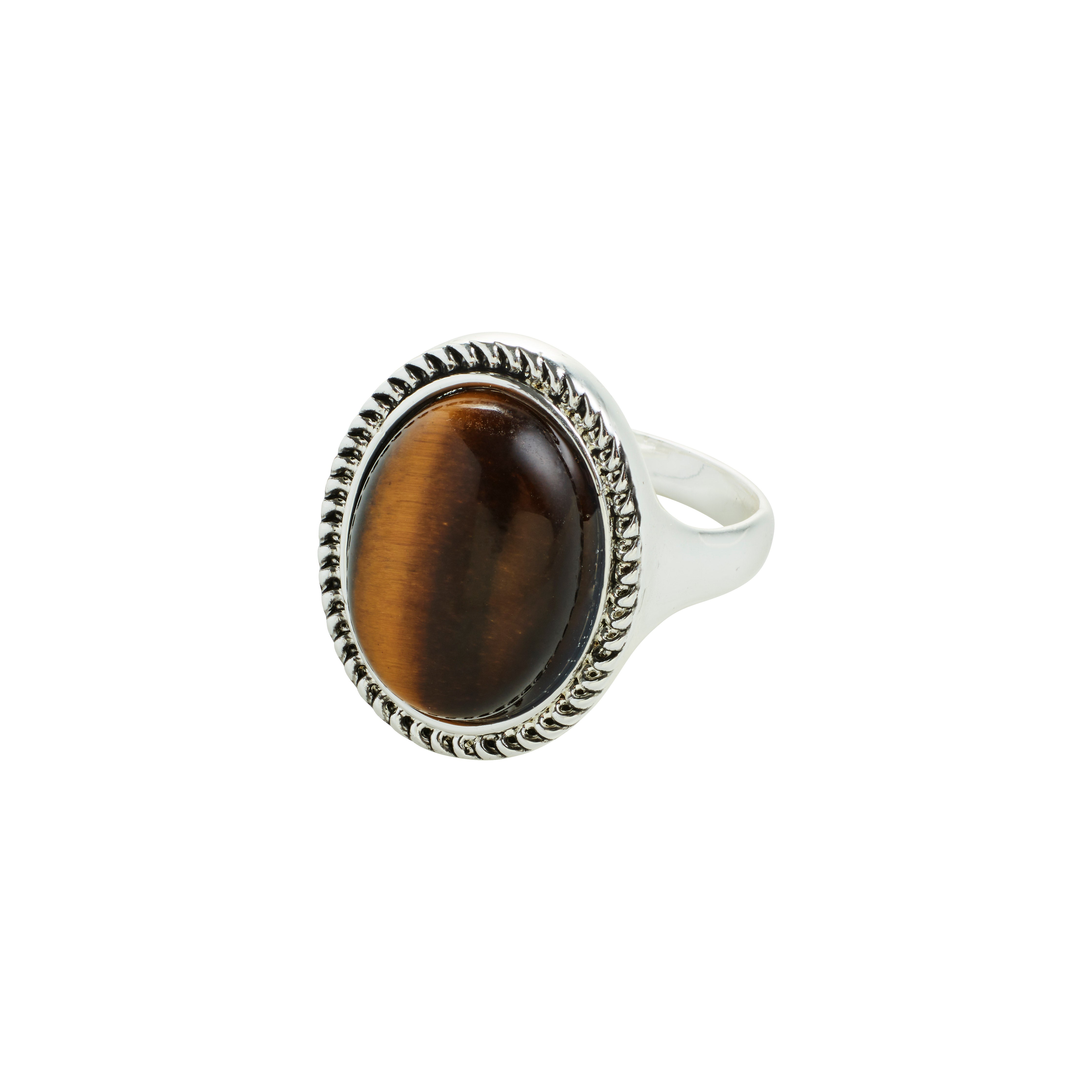 Close-up of Pilgrim's BETWEEN silver-plated ring featuring an antique-style setting with an oval Tiger Eye stone, showcasing a boho chic, adjustable design.