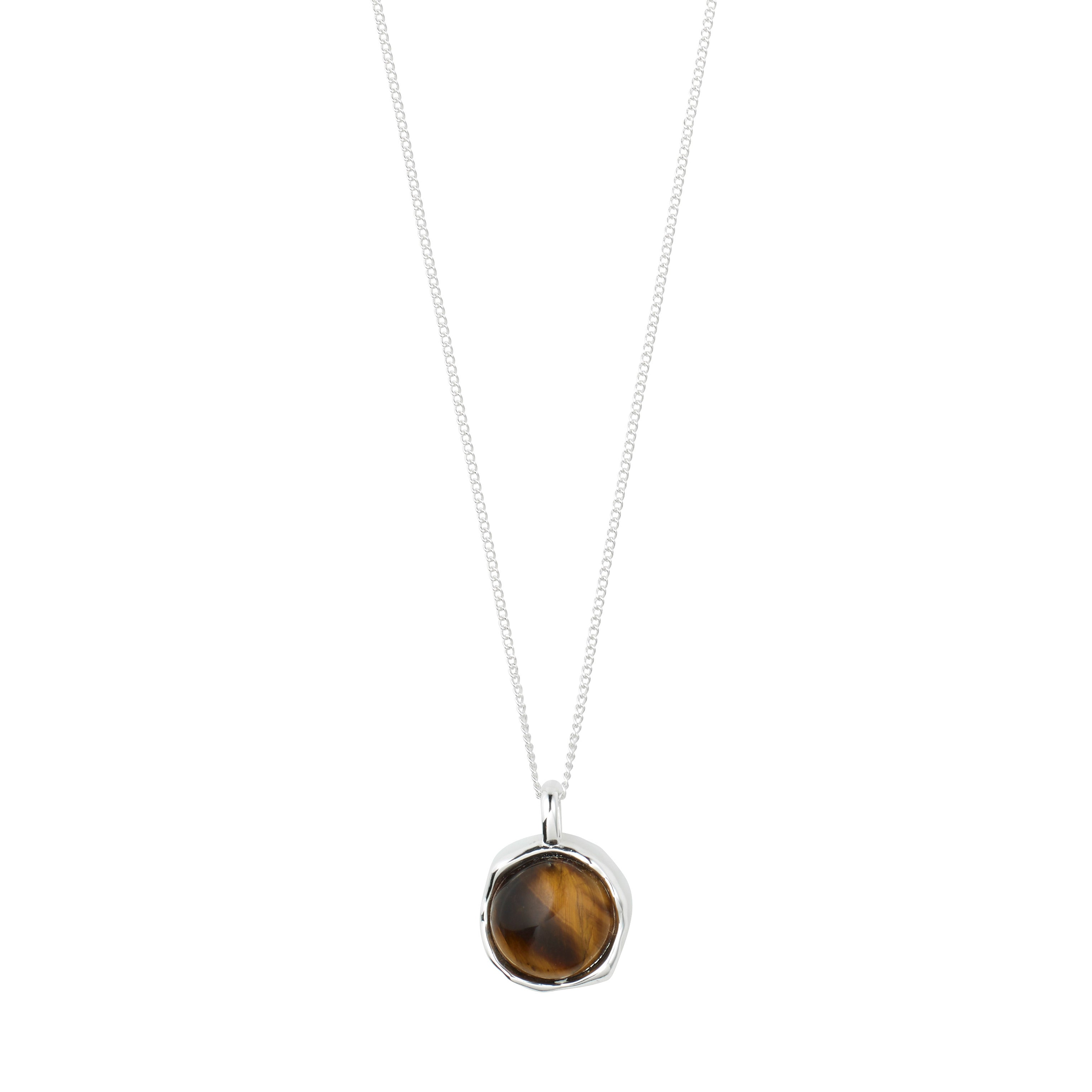 SENSE necklace silver-plated/agate features a fine silver chain and a round tiger’s-eye stone pendant, reflecting strength and elegance.