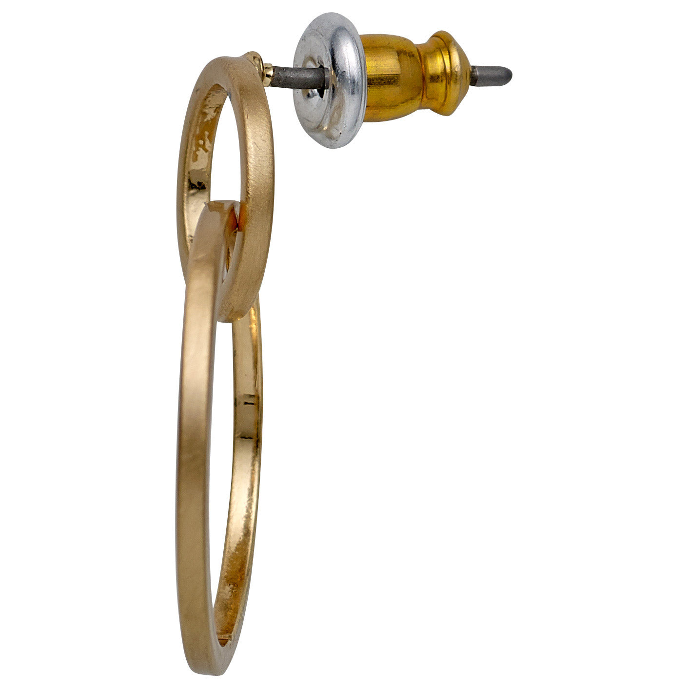 HARPER gold-plated earrings featuring two satin-matte intertwined rings, showcasing elegant Nordic design with a classic and timeless aesthetic.