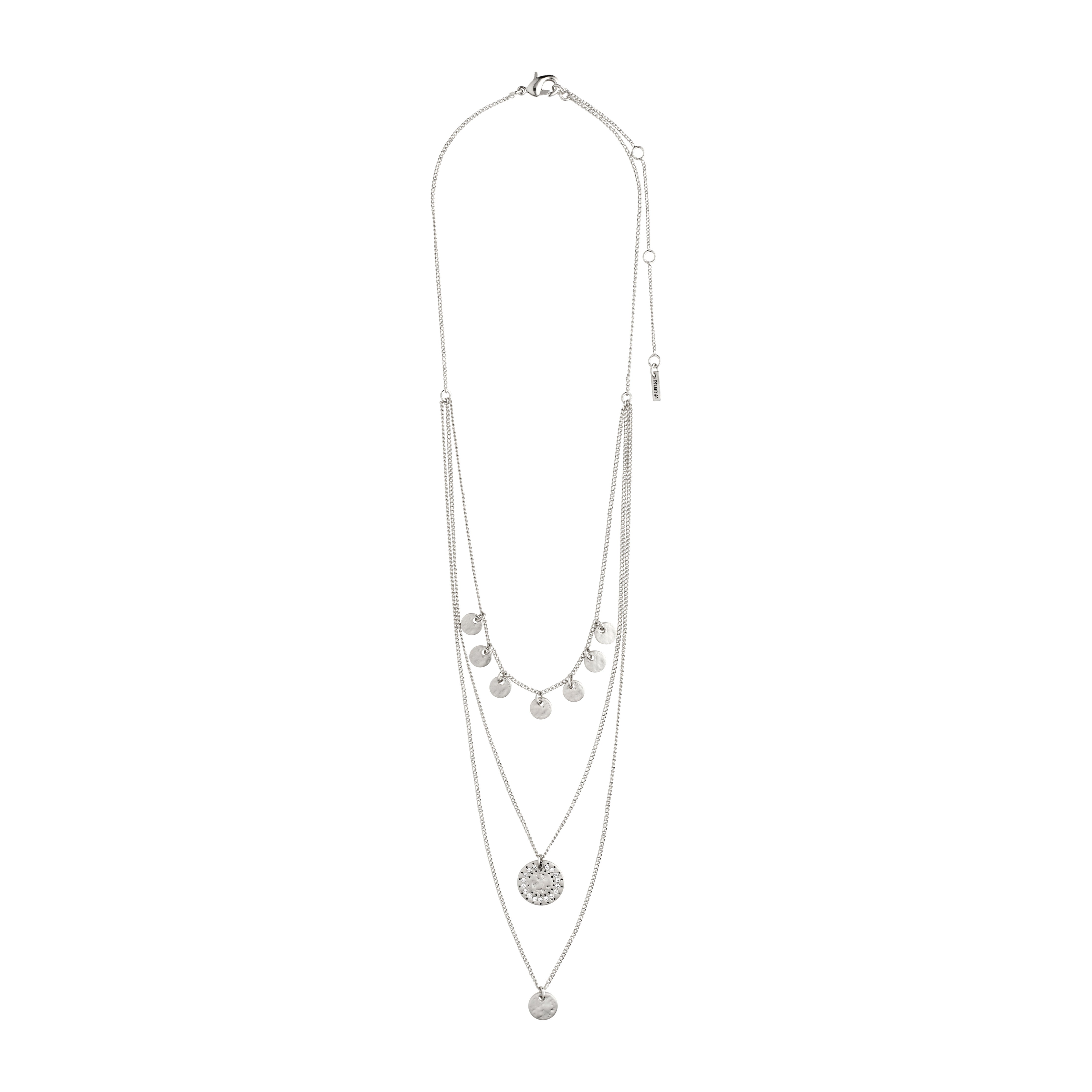 The ARDEN 3-in-1 crystal necklace, silver-plated, features rustic amulets and sparkling crystals, creating a detailed, feminine look with an ethnic touch.