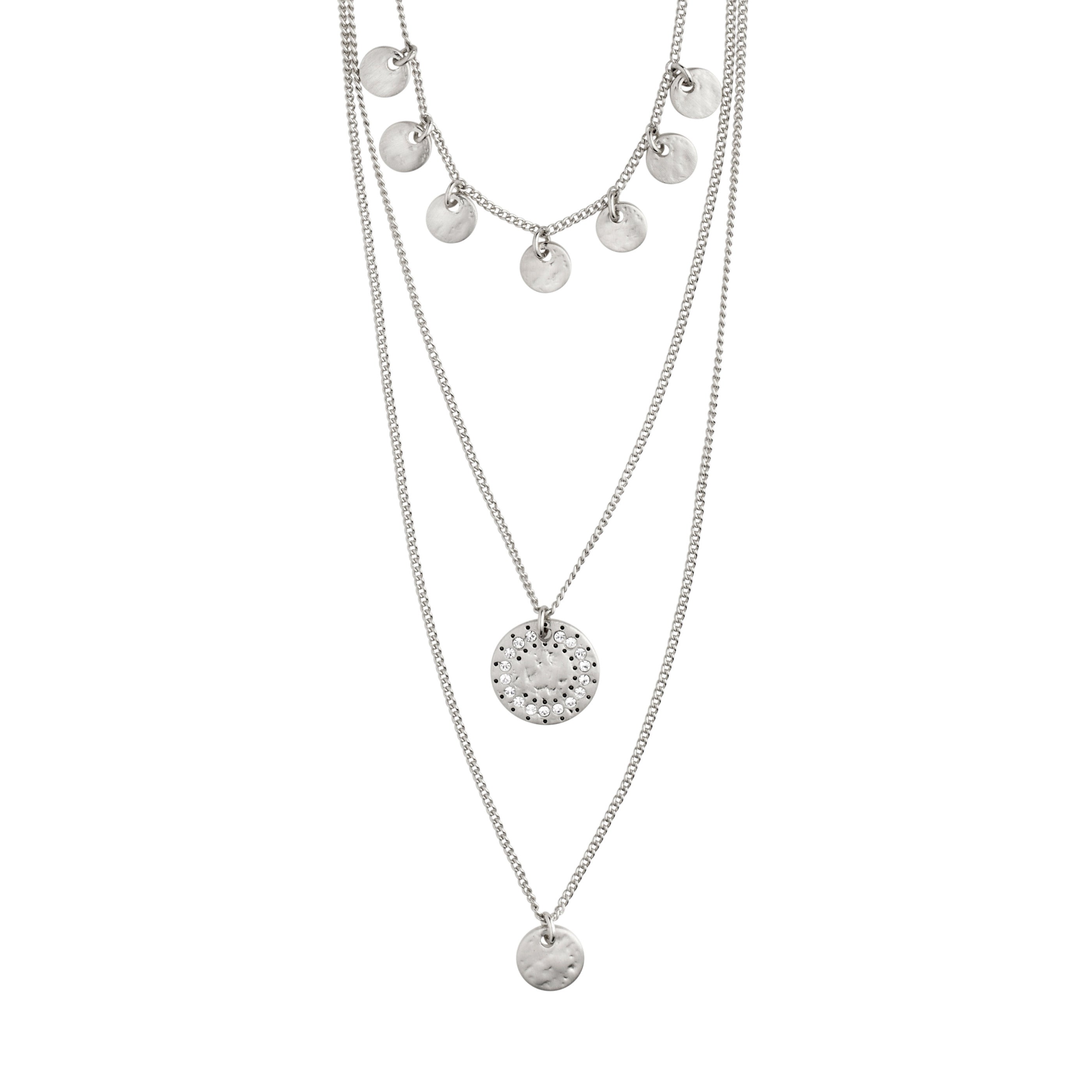 ARDEN 3-in-1 crystal necklace silver-plated, featuring intricate amulets, rustic finishes, and sparkling crystals, creating an eye-catching, feminine design that complements your décolletage beautifully.