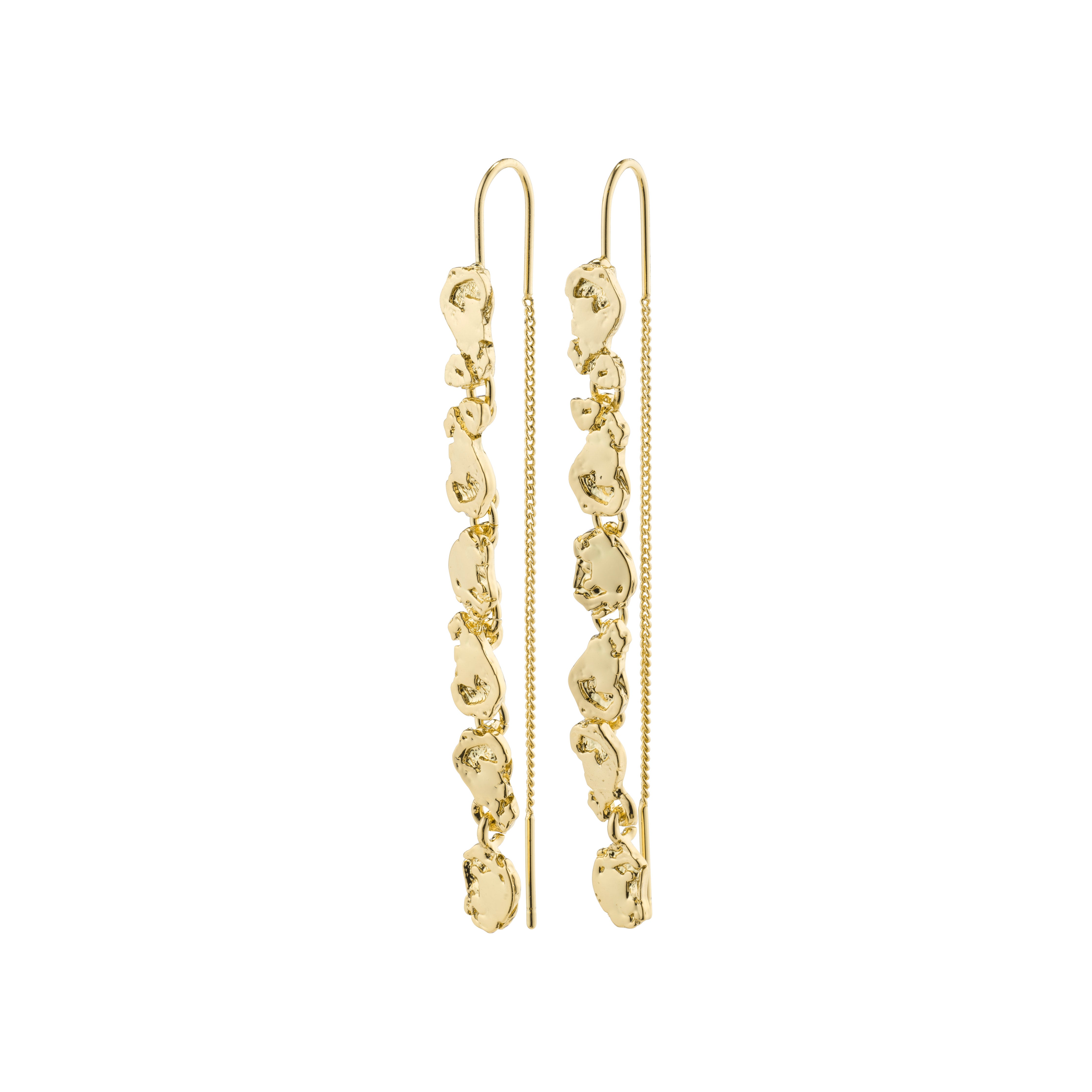 THANKFUL long chain earrings gold-plated, featuring natural raw shapes and organic pendants, showcase a glamorous, nature-inspired design with a simple, elegant chain.