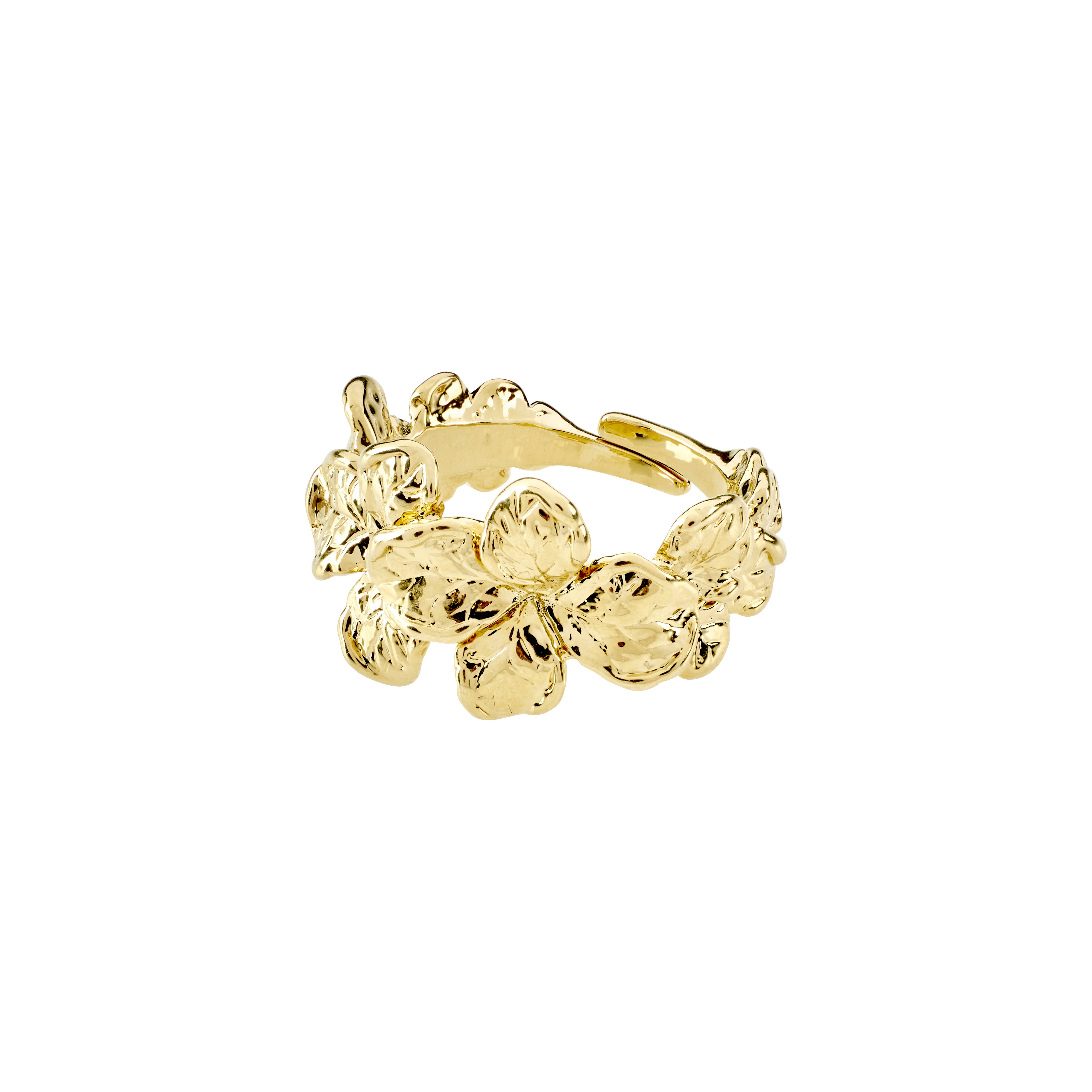 Gold-plated ECHO ring by Pilgrim, featuring a flower design with a handcrafted feel, crafted from 99% recycled materials.